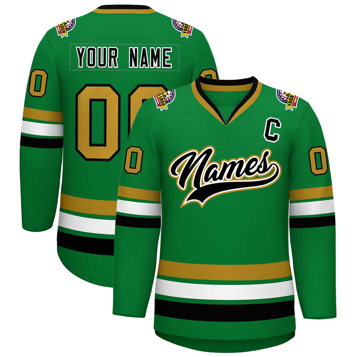 Custom Kelly Green Black White-Old Gold Classic Style Hockey Jersey | KXKSHOP
