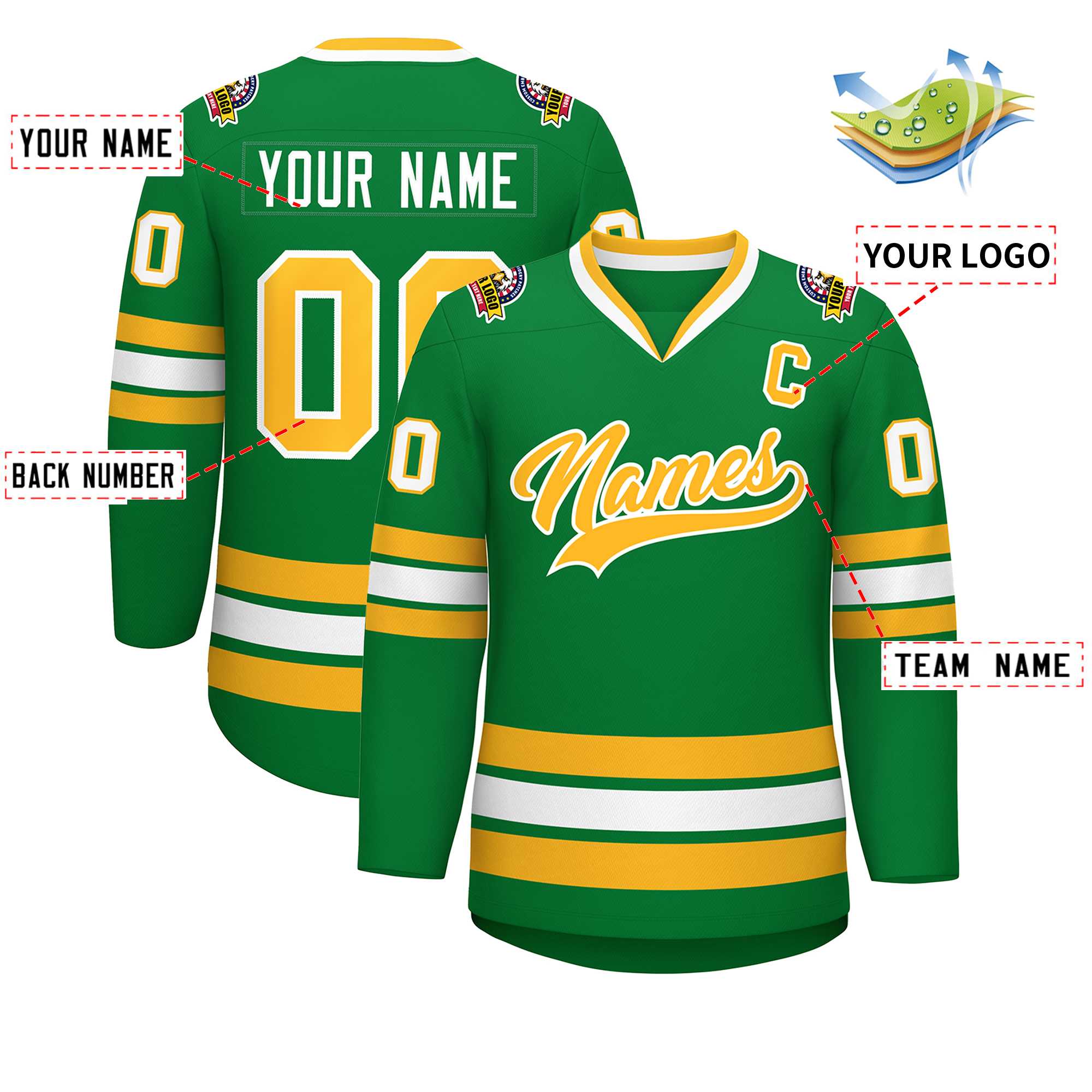 Custom Kelly Green Gold-White Classic Style Hockey Jersey | KXKSHOP