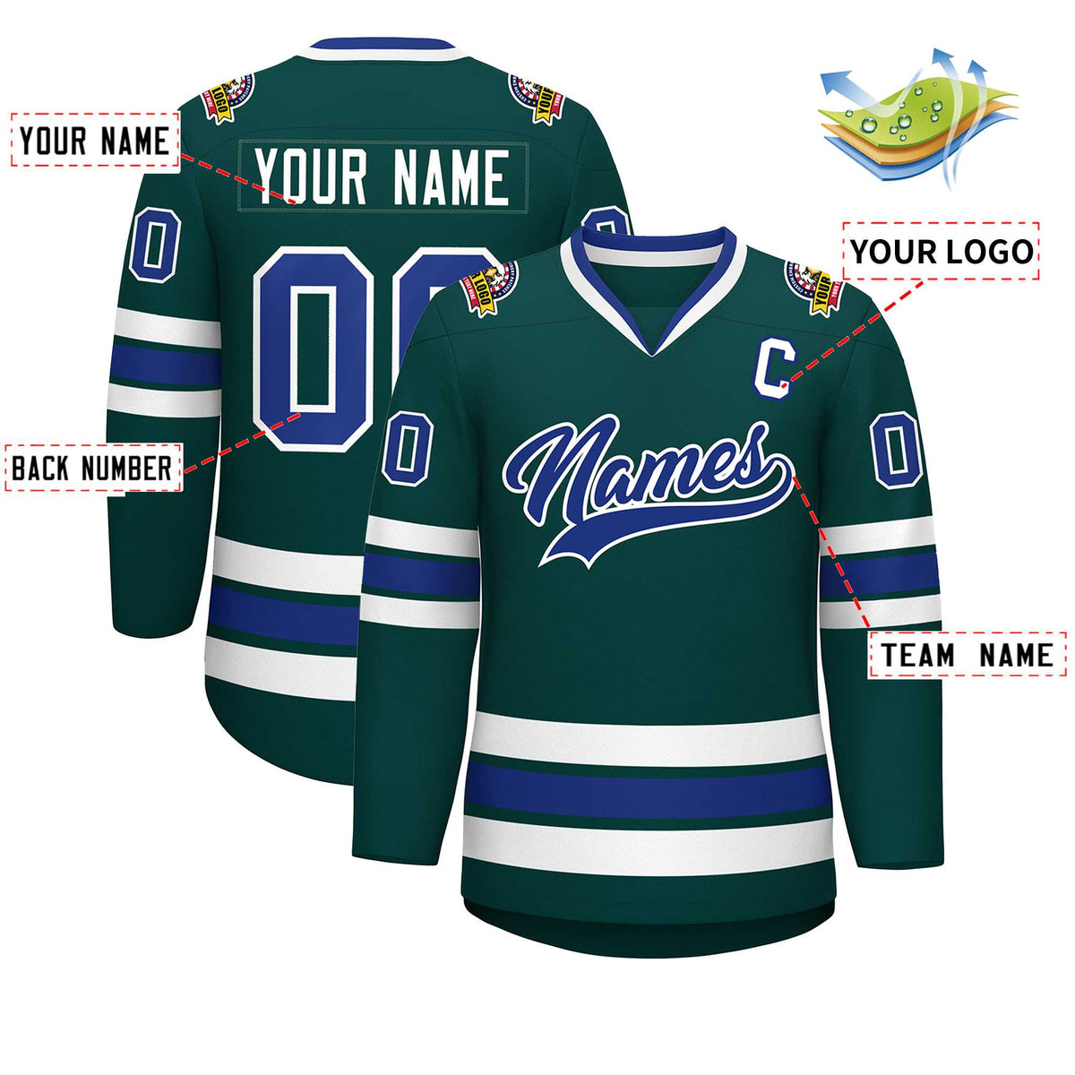 Custom Midnight Green Royal-White Classic Style Hockey Jersey | KXKSHOP