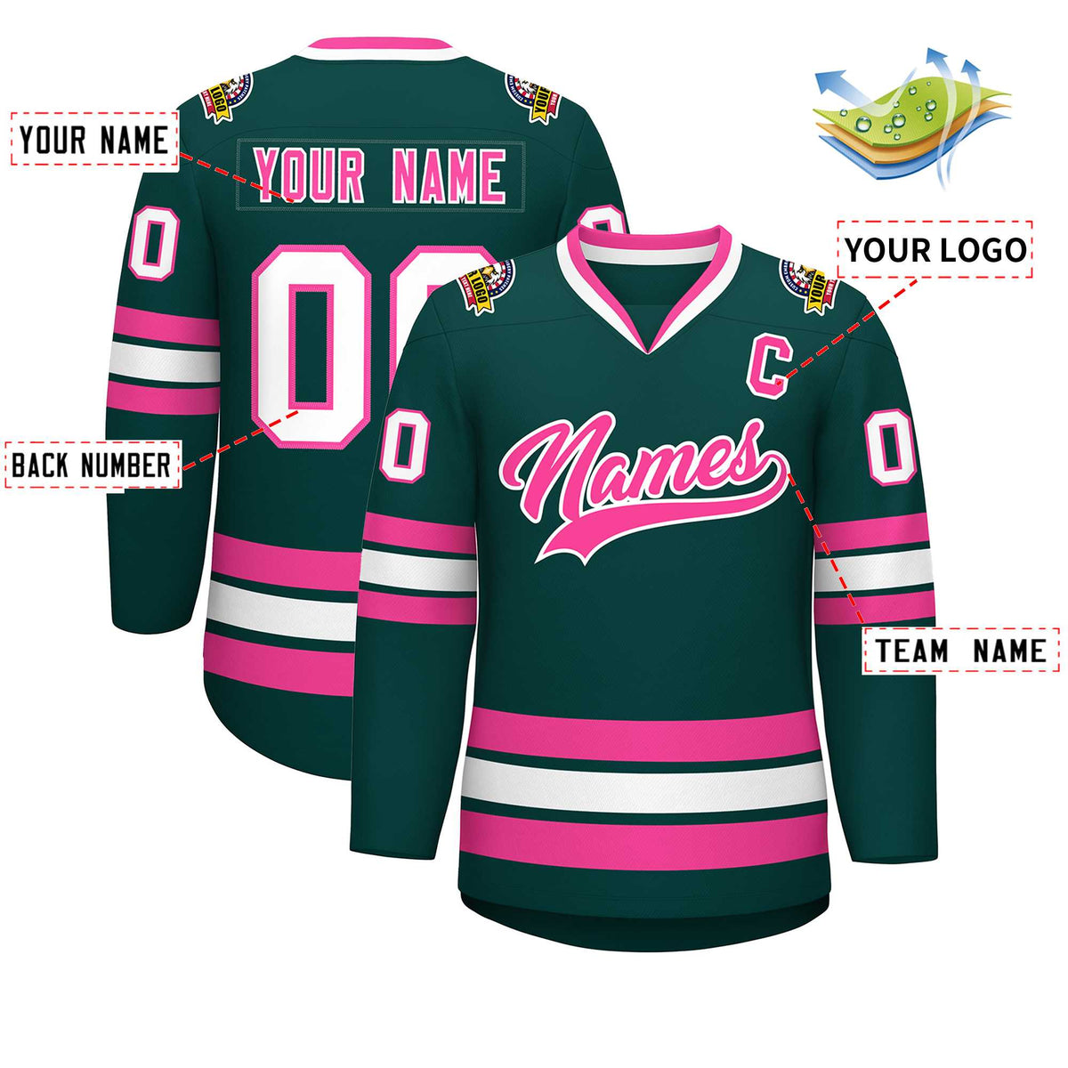 Custom Midnight Green Pink-White Classic Style Hockey Jersey | KXKSHOP
