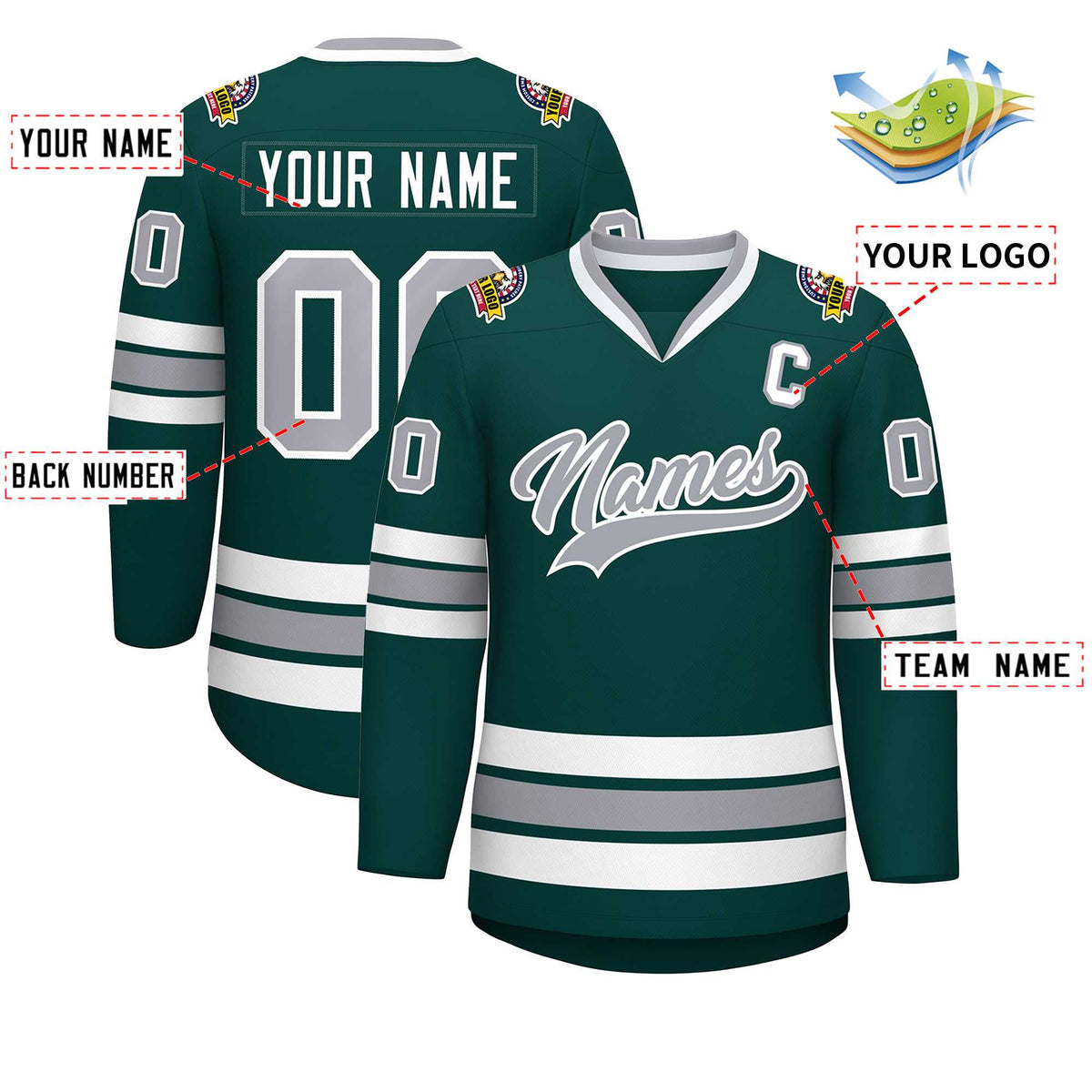 Custom Midnight Green Gray-White Classic Style Hockey Jersey | KXKSHOP