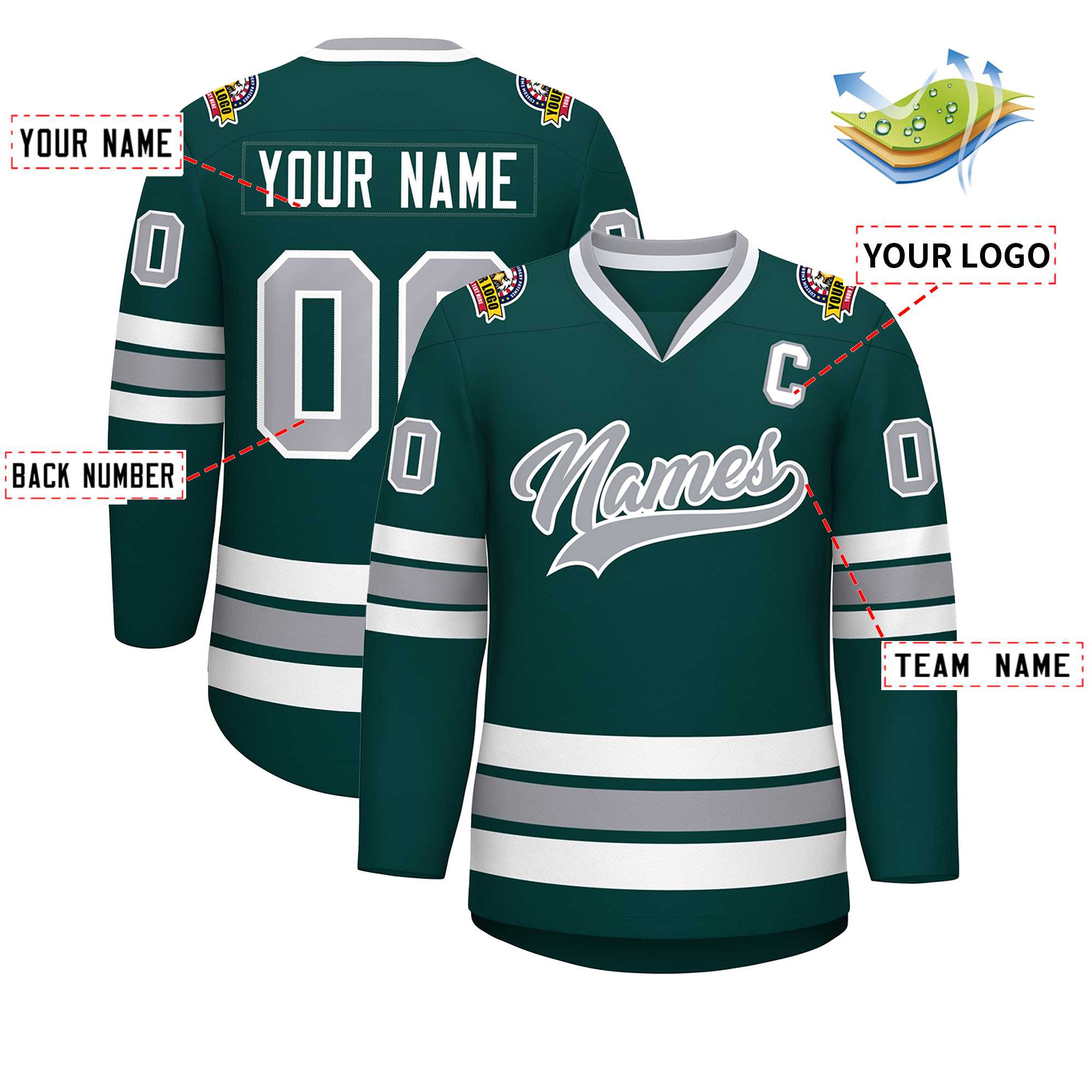Custom Midnight Green Gray-White Classic Style Hockey Jersey | KXKSHOP