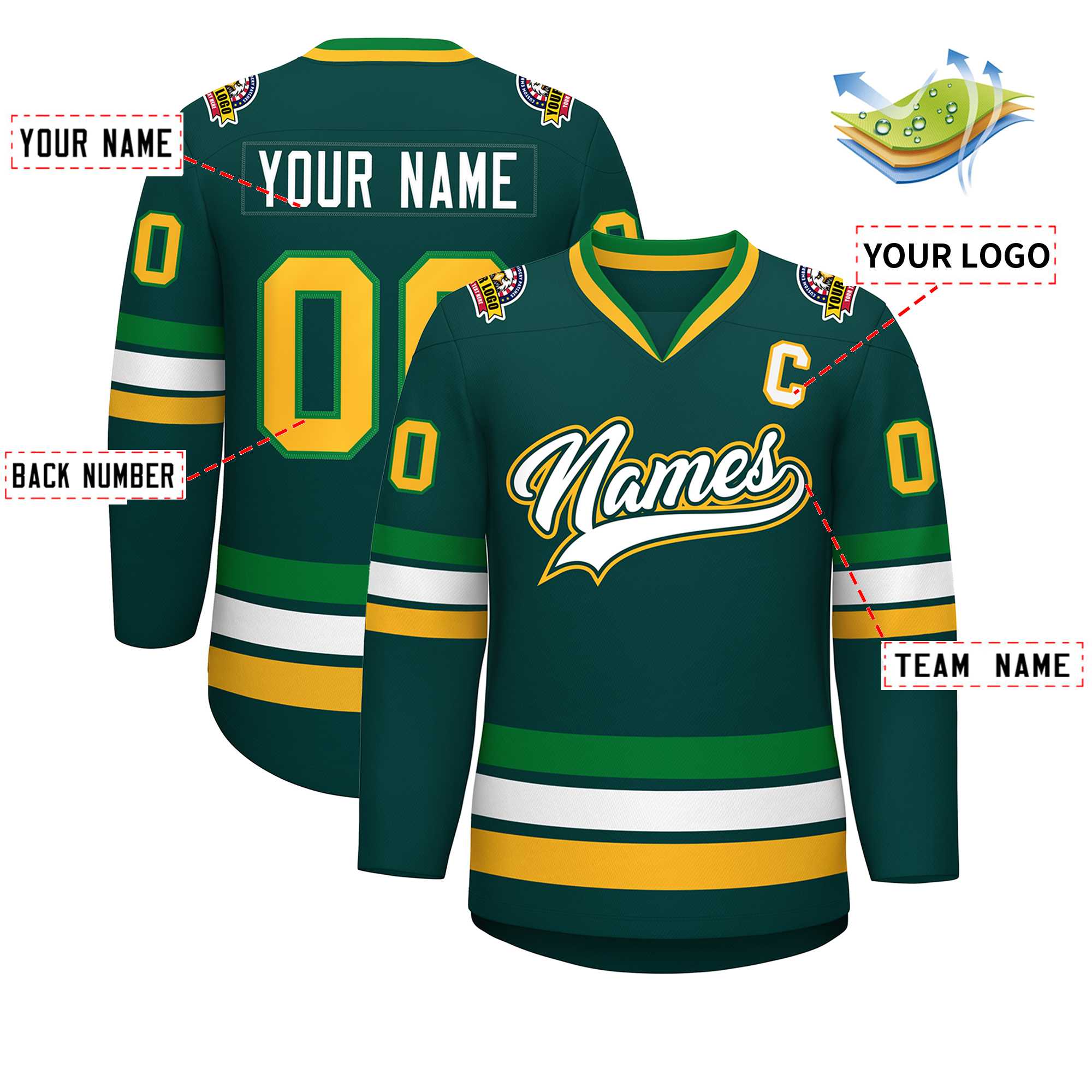 Custom Midnight Green White Kelly Green-Gold Classic Style Hockey Jersey | KXKSHOP