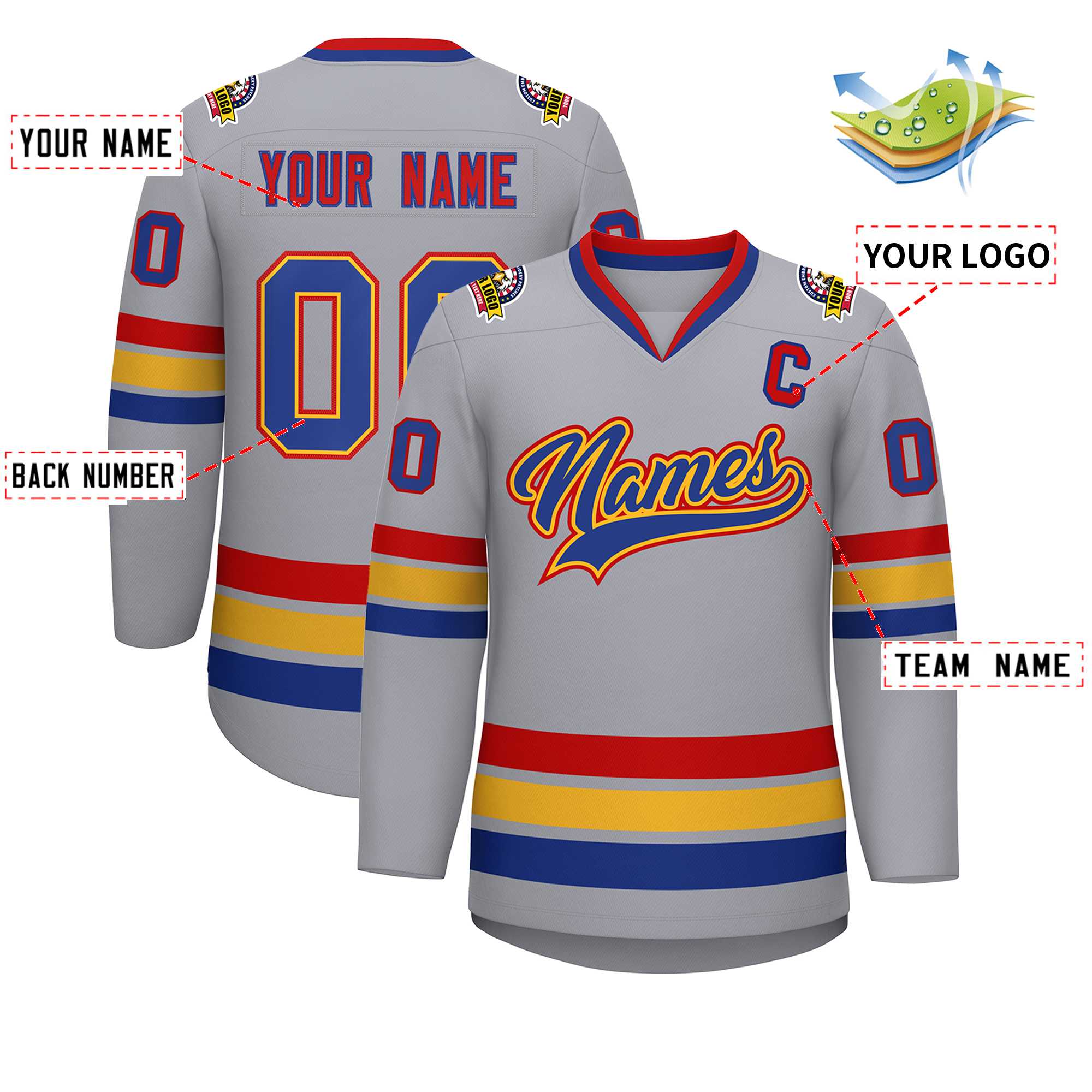 Custom Gray Royal Gold-Red Classic Style Hockey Jersey | KXKSHOP