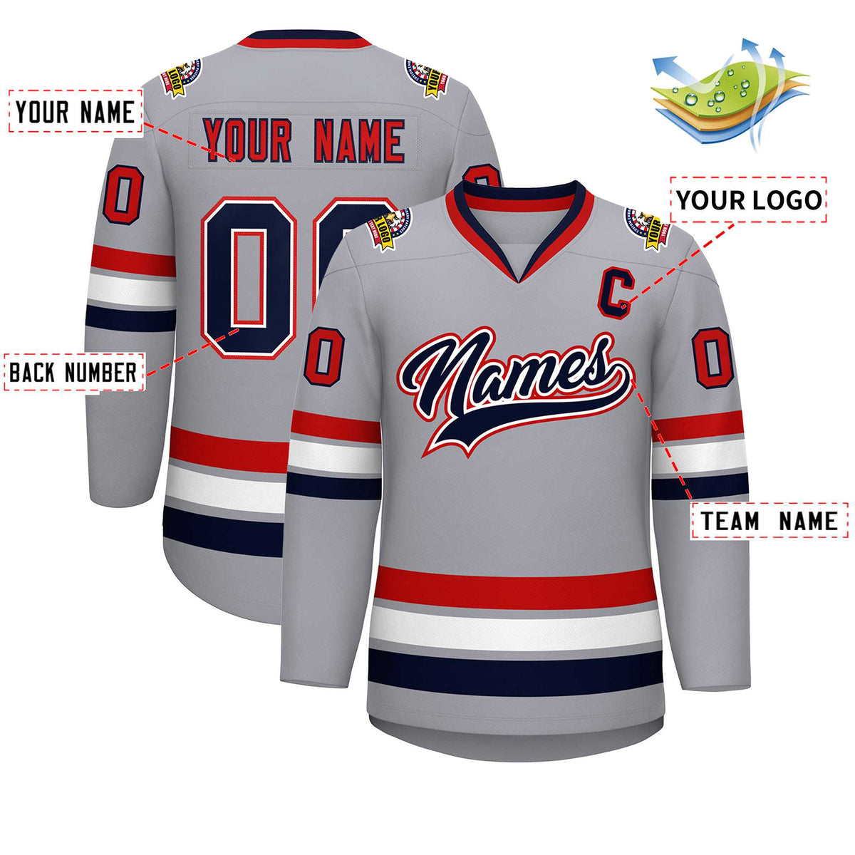 Custom Gray Navy White-Red Classic Style Hockey Jersey | KXKSHOP