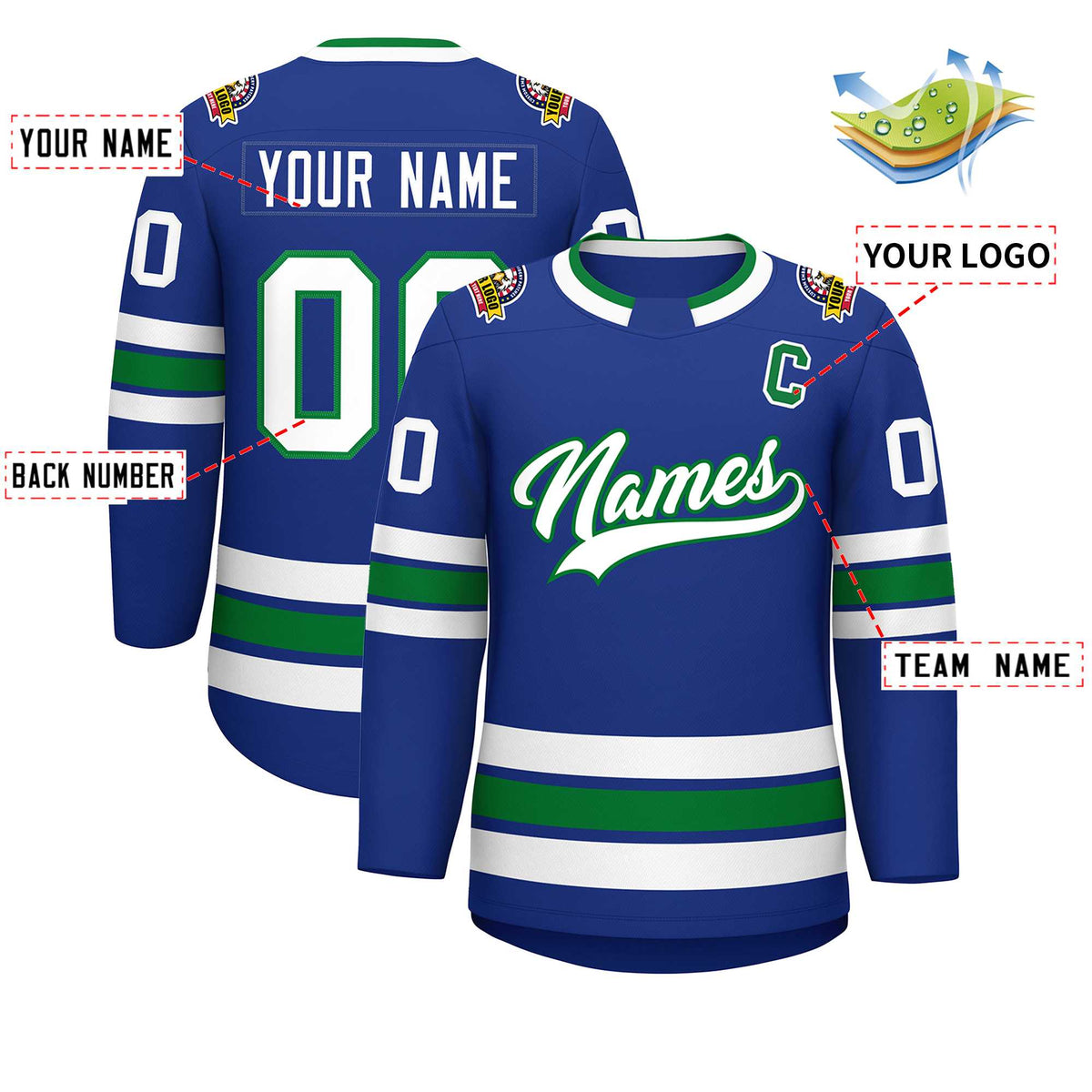 Custom Royal White-Kelly Green Classic Style Hockey Jersey | KXKSHOP