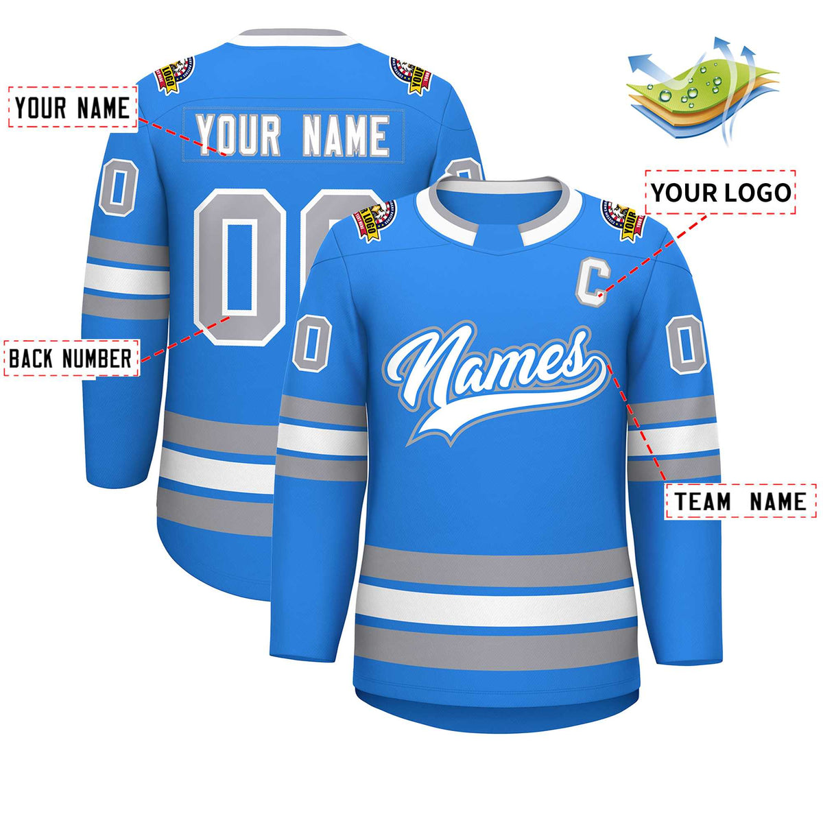 Custom Powder Blue White Powder Blue-Gray Classic Style Hockey Jersey | KXKSHOP