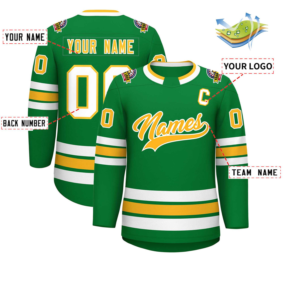 Custom Kelly Green Gold-White Classic Style Hockey Jersey | KXKSHOP