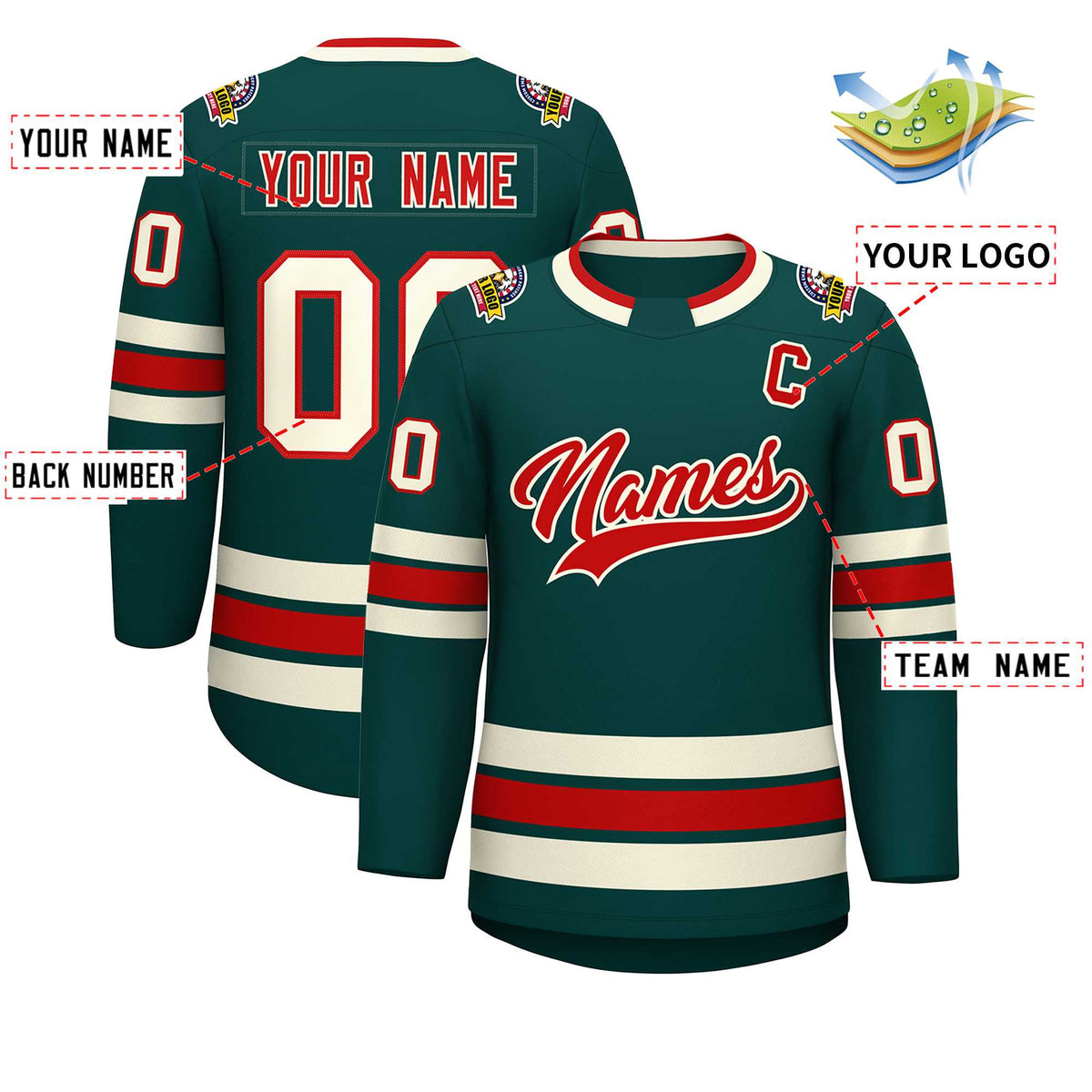 Custom Midnight Green Red-Khaki Classic Style Hockey Jersey | KXKSHOP