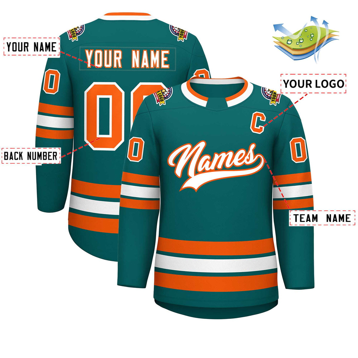 Custom Teal White-Orange Classic Style Hockey Jersey | KXKSHOP