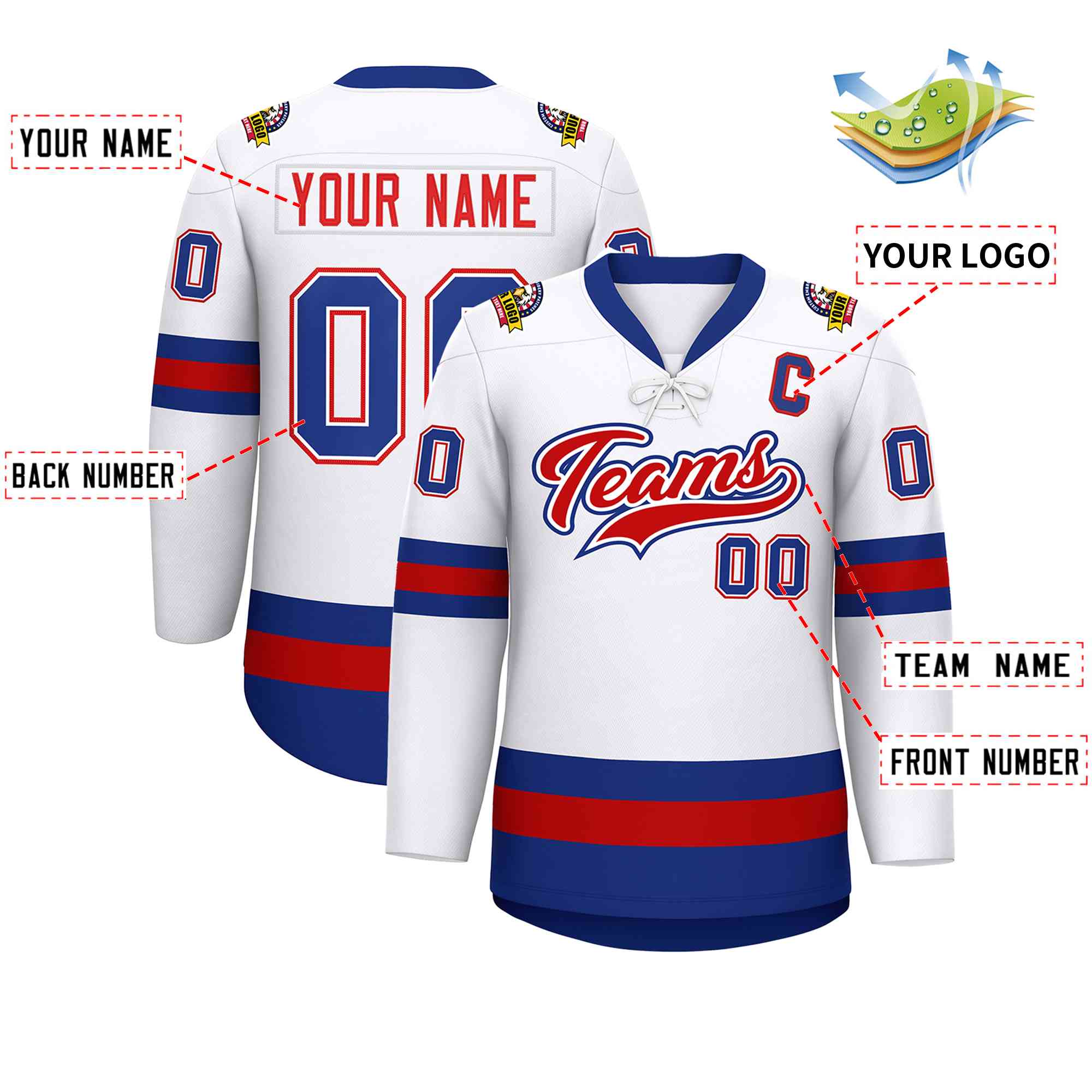 Custom White Red-Royal Lace-Up Neck Hockey Jersey | KXKSHOP