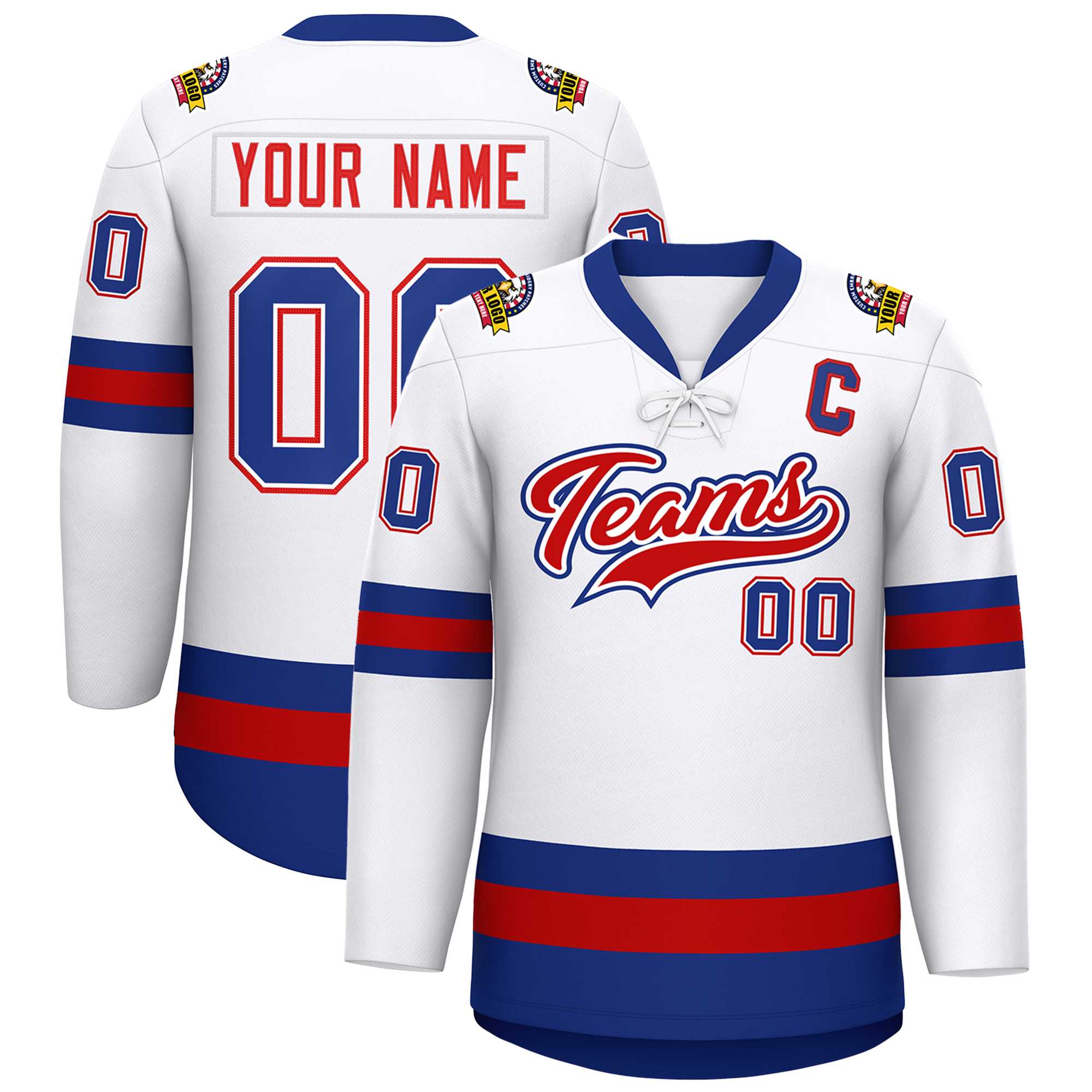 Custom White Red-Royal Lace-Up Neck Hockey Jersey | KXKSHOP