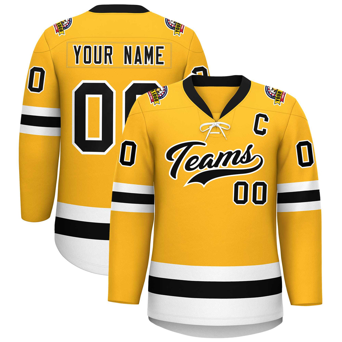 Custom Gold Black-White Lace-Up Neck Hockey Jersey | KXKSHOP