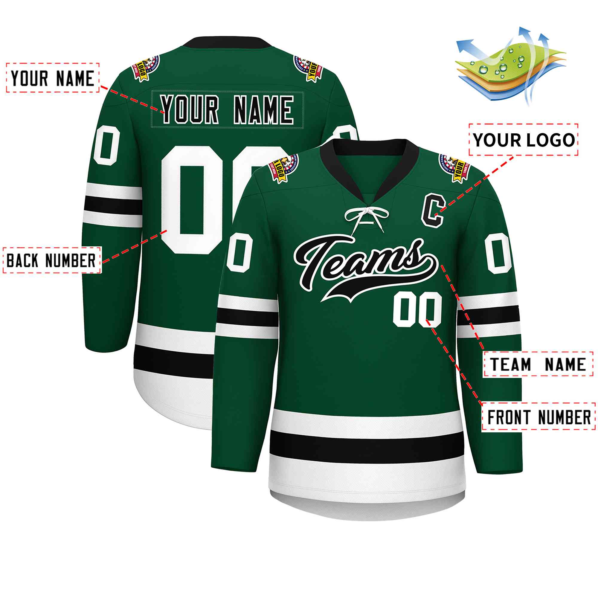Custom Green Black-White Lace-Up Neck Hockey Jersey | KXKSHOP
