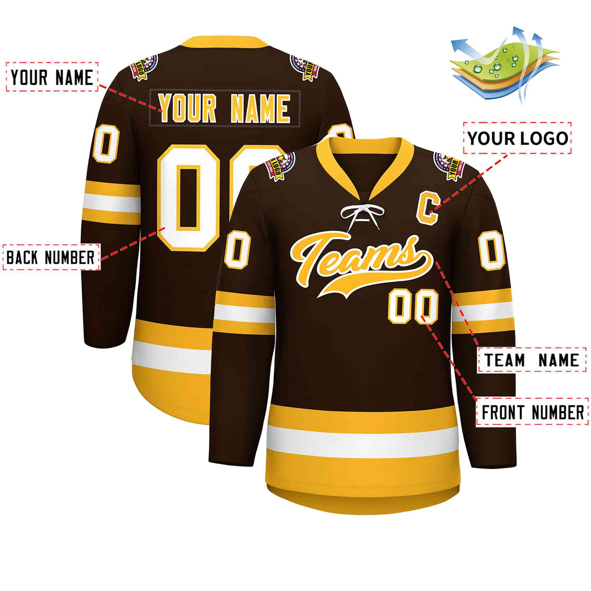 Custom Brown Gold-White Lace-Up Neck Hockey Jersey | KXKSHOP