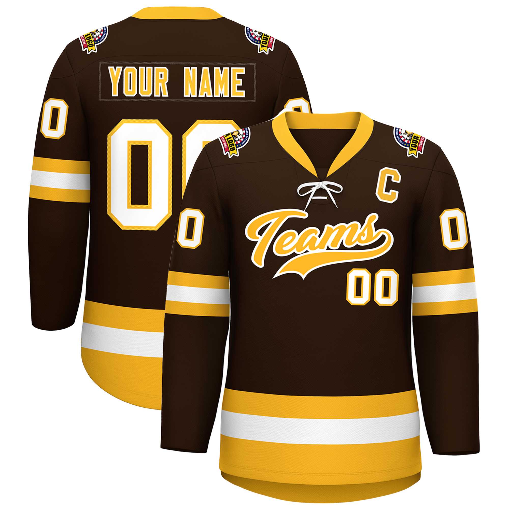 Custom Brown Gold-White Lace-Up Neck Hockey Jersey | KXKSHOP