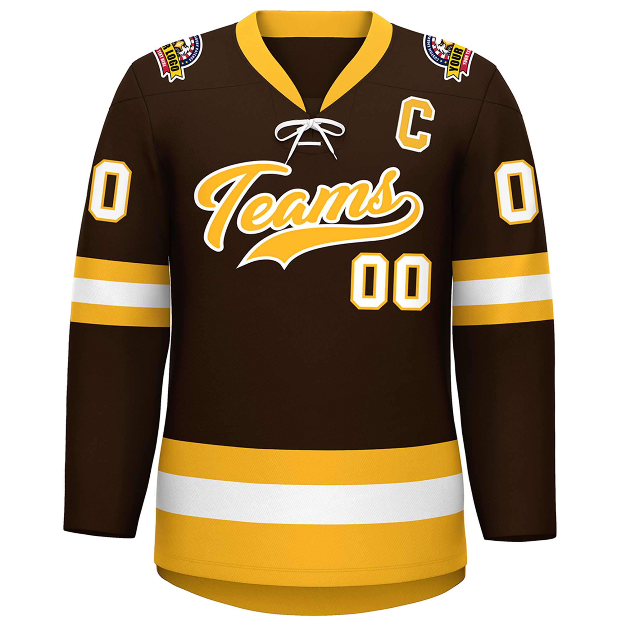Custom Brown Gold-White Lace-Up Neck Hockey Jersey | KXKSHOP