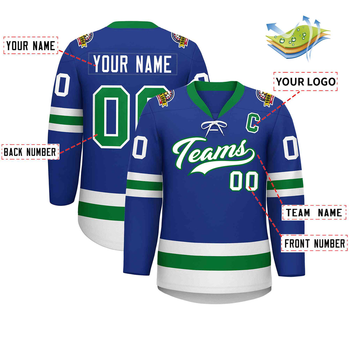 Custom Royal Kelly Green-White Lace-Up Neck Hockey Jersey | KXKSHOP