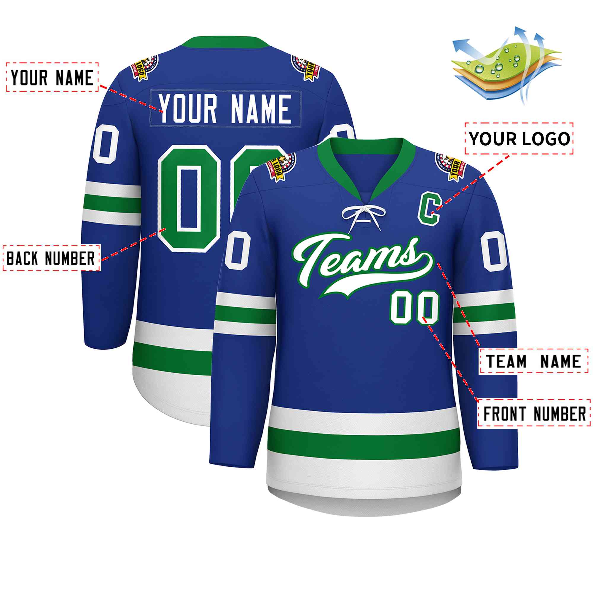 Custom Royal Kelly Green-White Lace-Up Neck Hockey Jersey | KXKSHOP