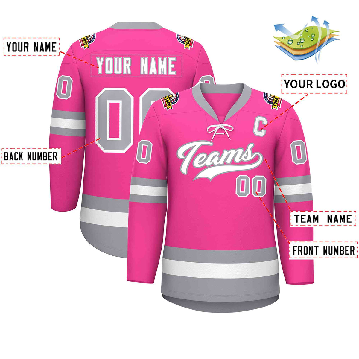 Custom Pink White-Gray Lace-Up Neck Hockey Jersey | KXKSHOP
