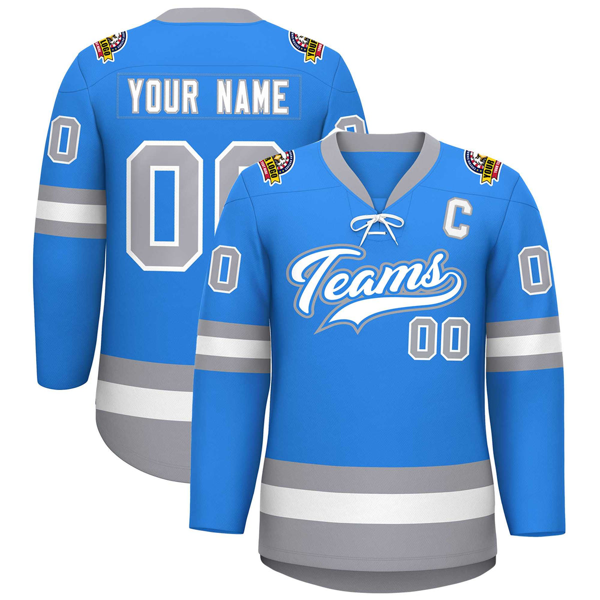 Custom Powder Blue White-Gray Lace-Up Neck Hockey Jersey | KXKSHOP