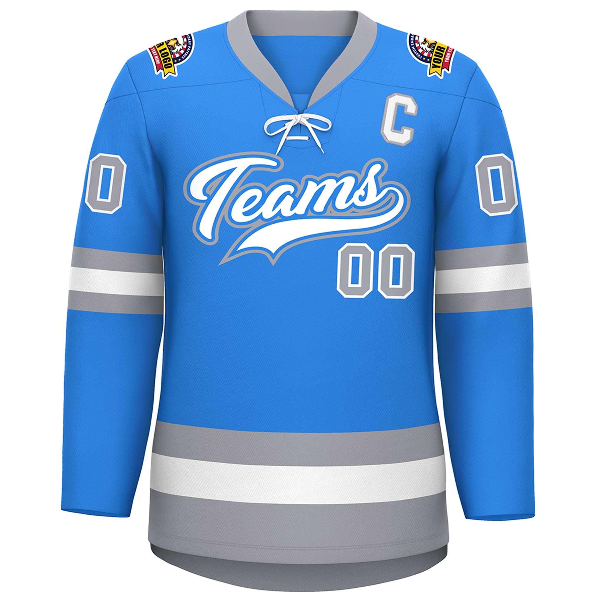 Custom Powder Blue White-Gray Lace-Up Neck Hockey Jersey | KXKSHOP