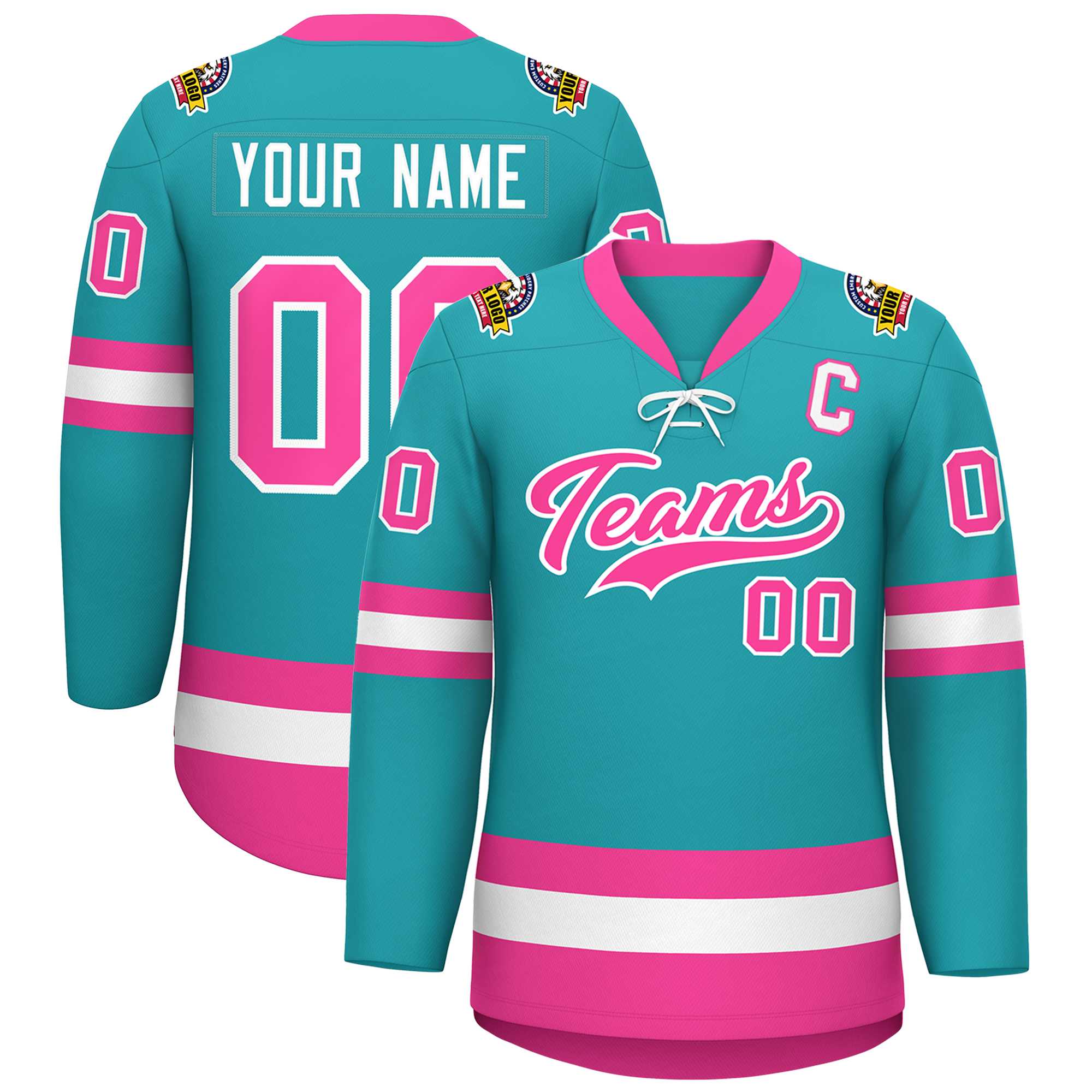 Custom Aqua Pink-White Lace-Up Neck Hockey Jersey | KXKSHOP