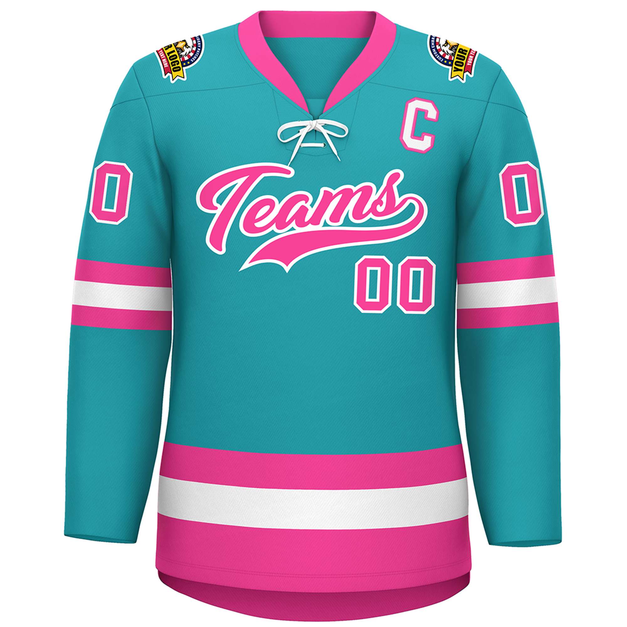 Custom Aqua Pink-White Lace-Up Neck Hockey Jersey | KXKSHOP