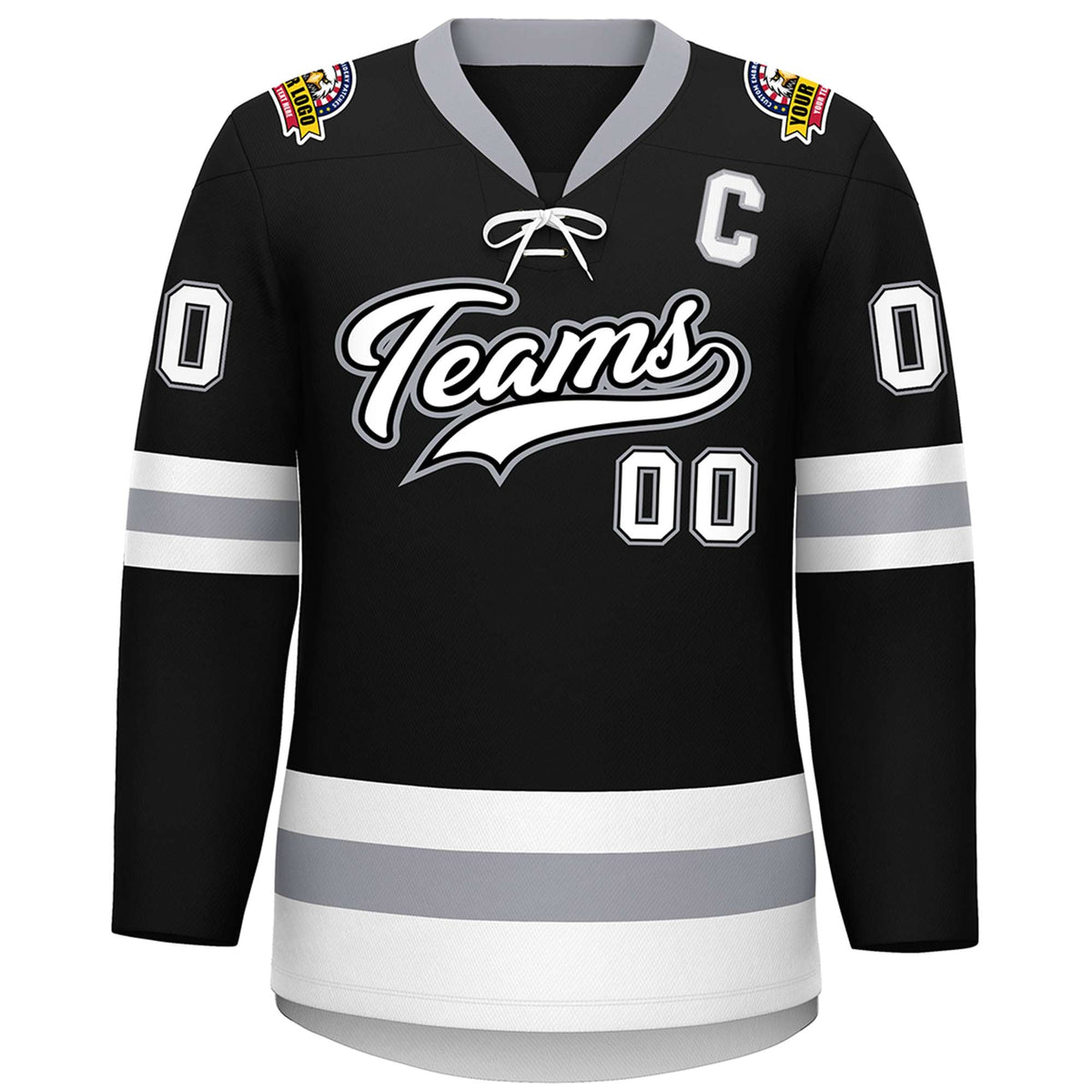 Custom Black White-Gray Lace-Up Neck Hockey Jersey | KXKSHOP