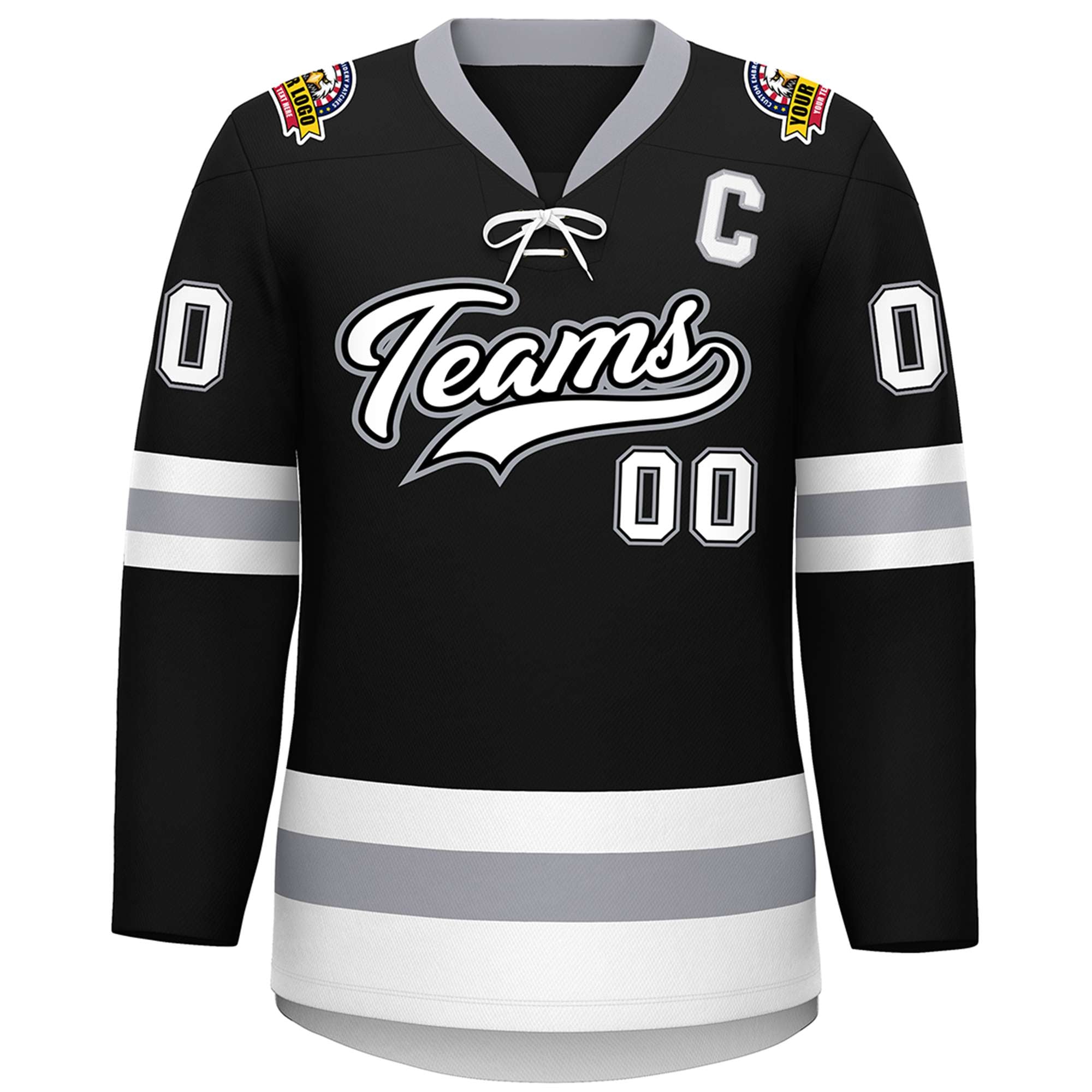 Custom Black White-Gray Lace-Up Neck Hockey Jersey | KXKSHOP