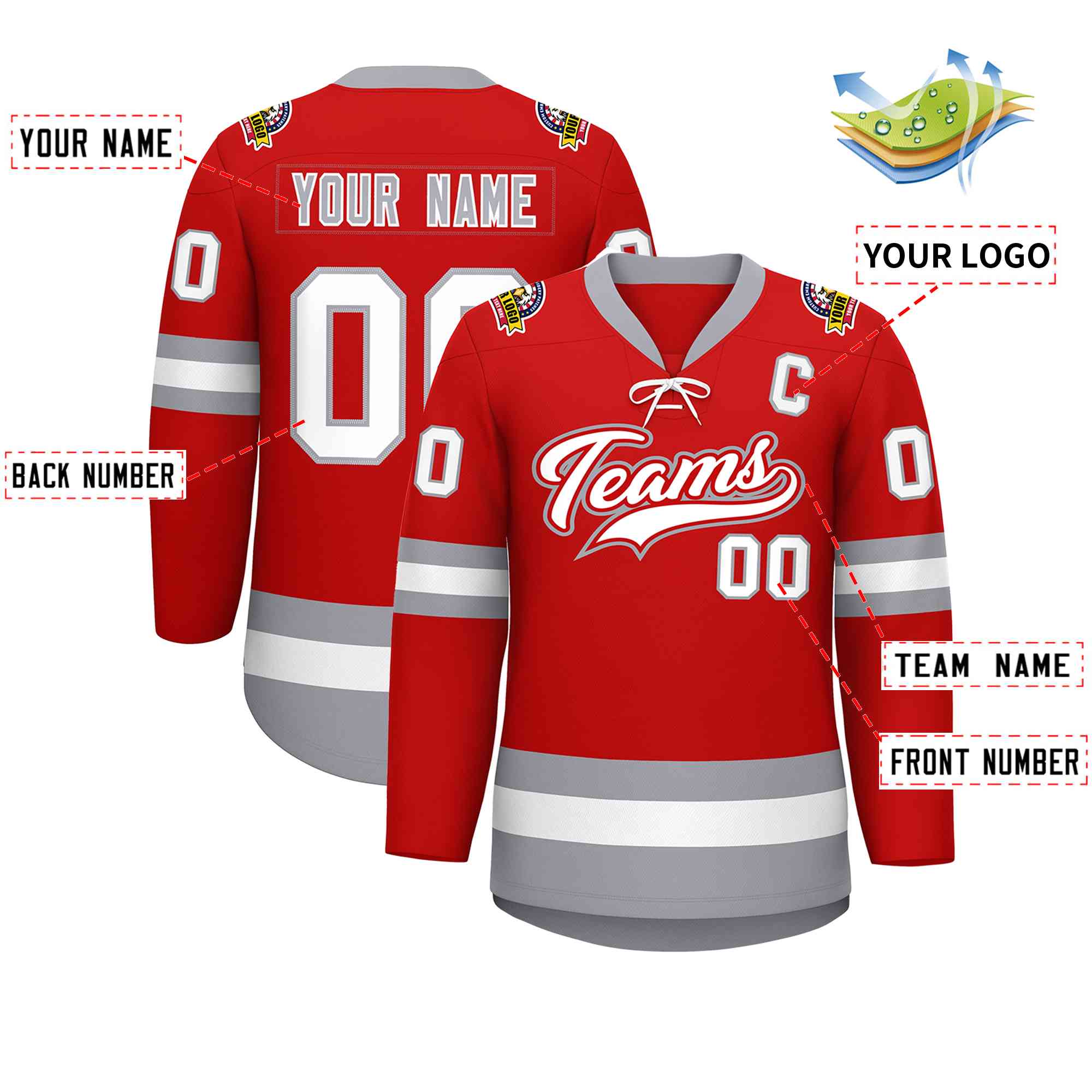 Custom Red White-Gray Lace-Up Neck Hockey Jersey | KXKSHOP