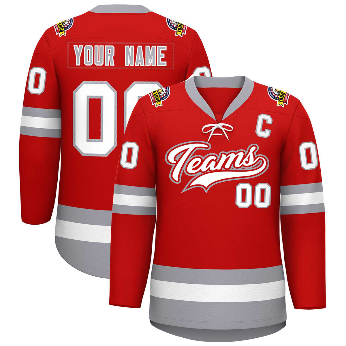 Custom Red White-Gray Lace-Up Neck Hockey Jersey | KXKSHOP