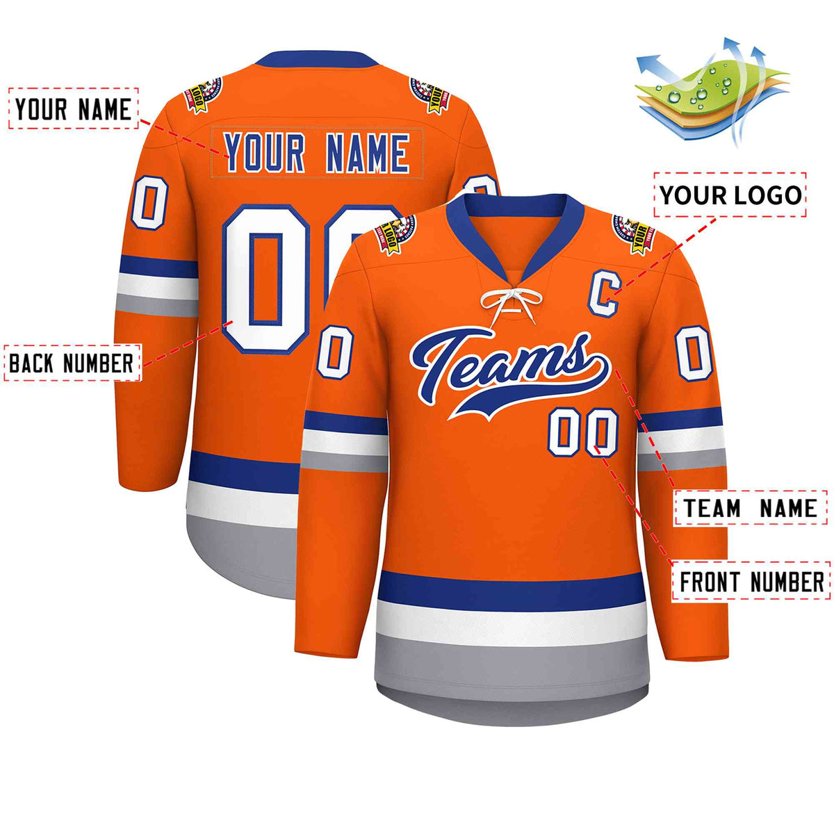 Custom Orange Royal-White Lace-Up Neck Hockey Jersey | KXKSHOP