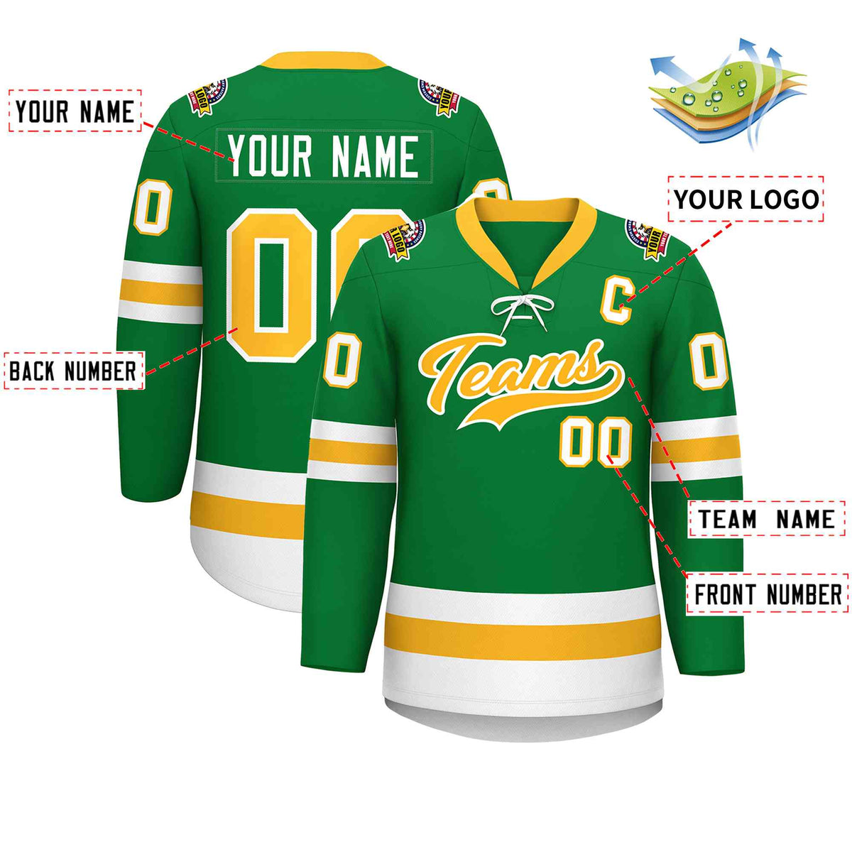 Custom Kelly Green Gold-White Lace-Up Neck Hockey Jersey | KXKSHOP