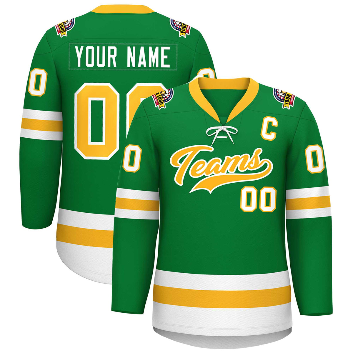 Custom Kelly Green Gold-White Lace-Up Neck Hockey Jersey | KXKSHOP