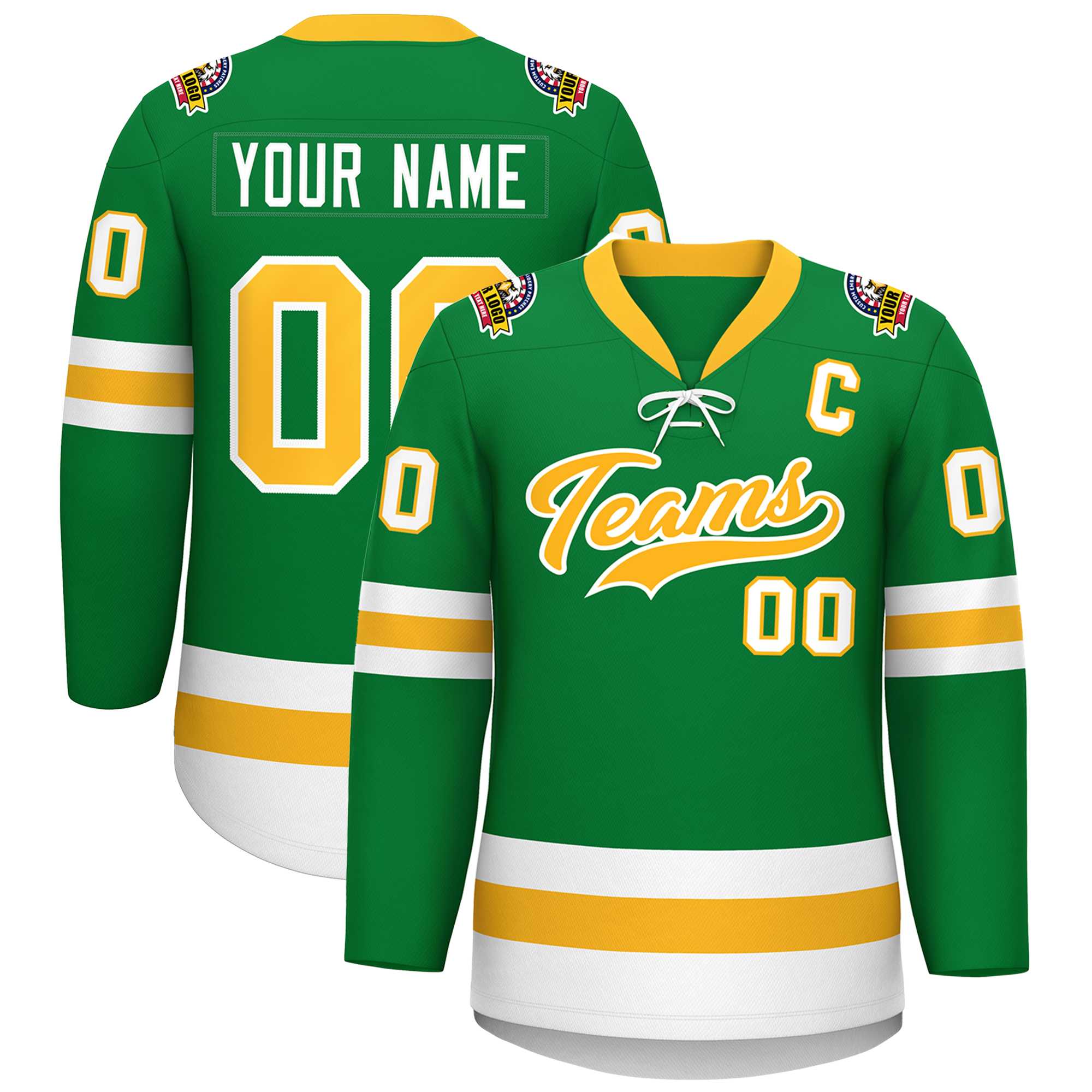 Custom Kelly Green Gold-White Lace-Up Neck Hockey Jersey | KXKSHOP