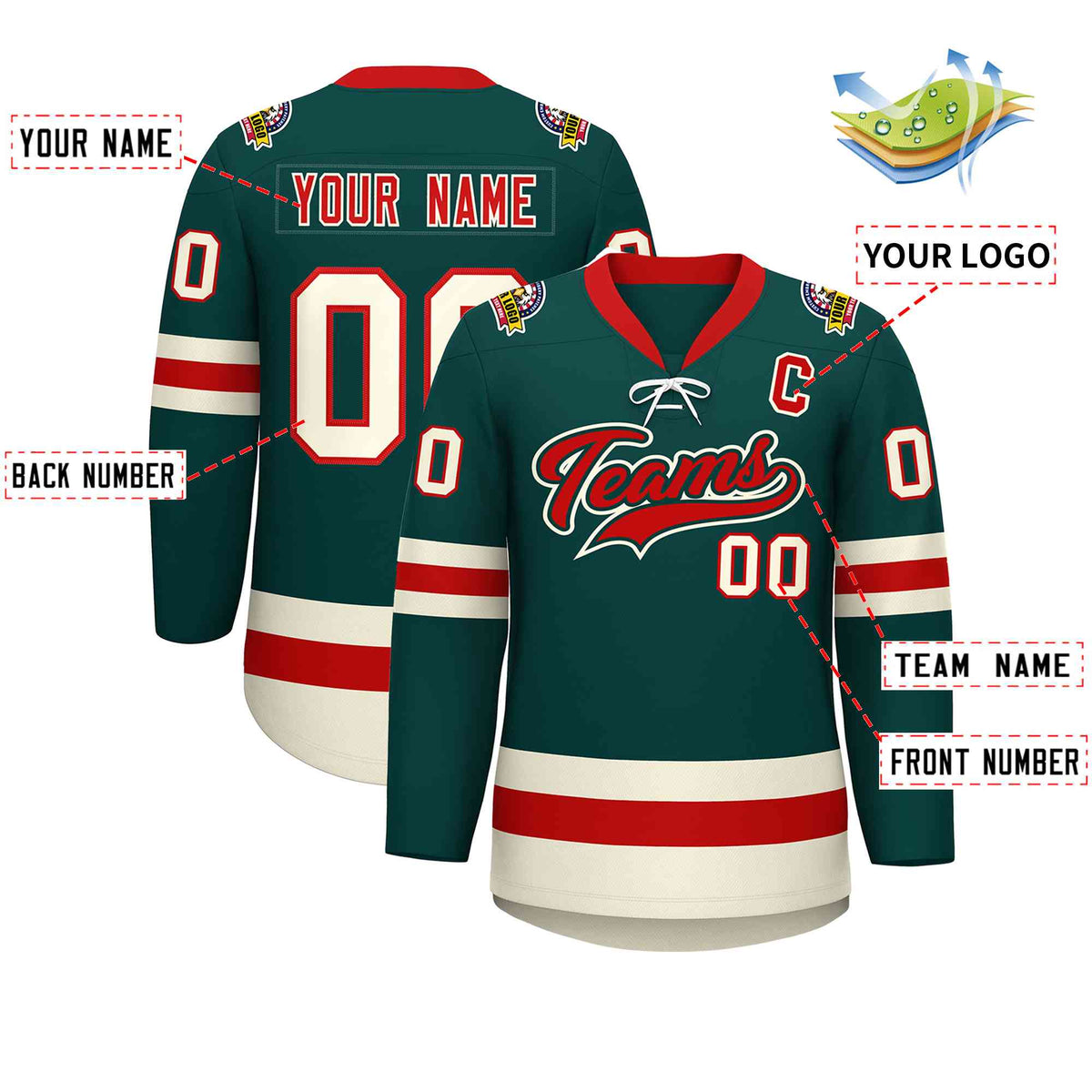 Custom Midnight Green Red-Cream Lace-Up Neck Hockey Jersey | KXKSHOP