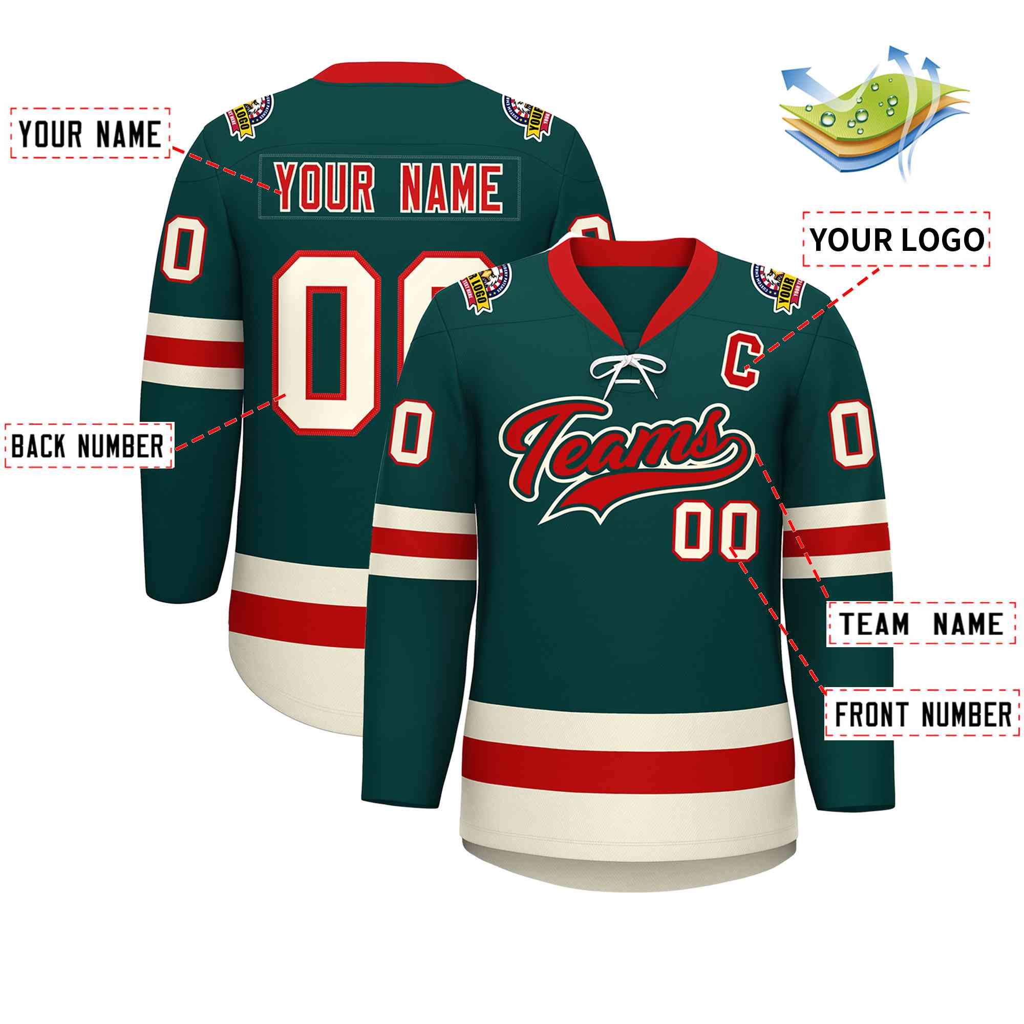 Custom Midnight Green Red-Cream Lace-Up Neck Hockey Jersey | KXKSHOP