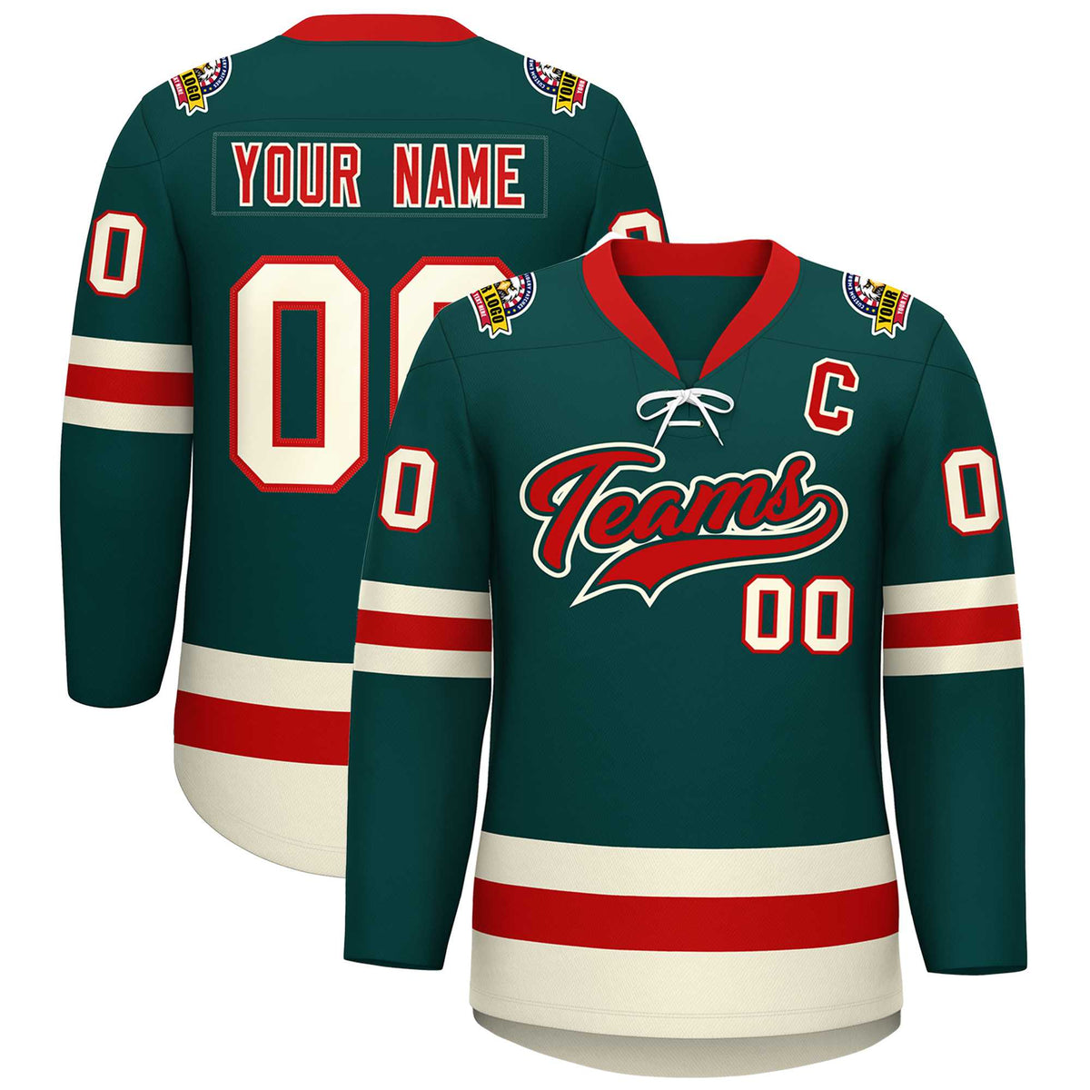 Custom Midnight Green Red-Cream Lace-Up Neck Hockey Jersey | KXKSHOP