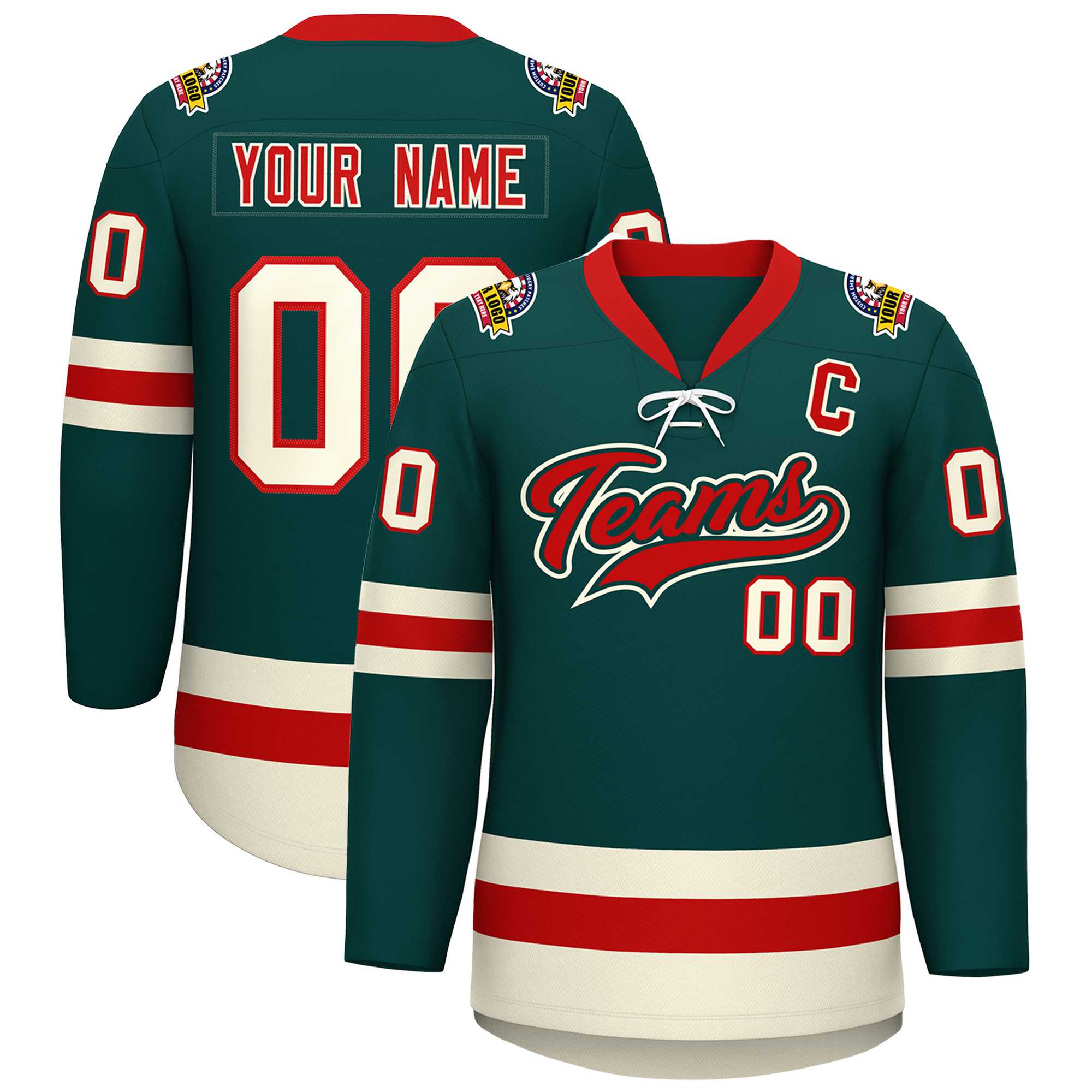 Custom Midnight Green Red-Cream Lace-Up Neck Hockey Jersey | KXKSHOP