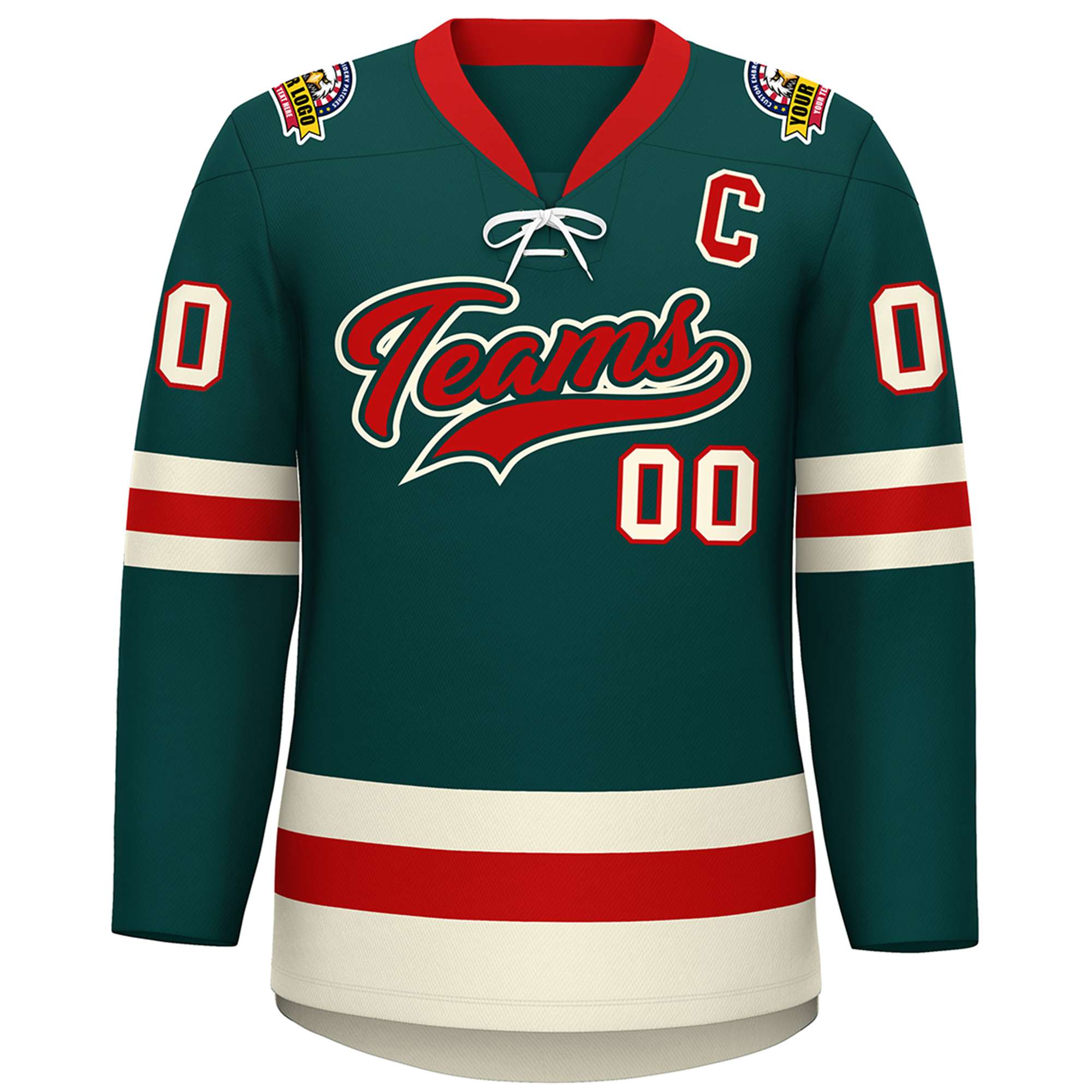 Custom Midnight Green Red-Cream Lace-Up Neck Hockey Jersey | KXKSHOP