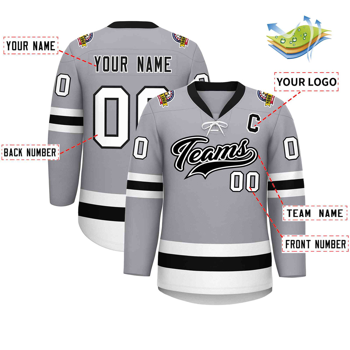 Custom Gray Black-White Lace-Up Neck Hockey Jersey | KXKSHOP