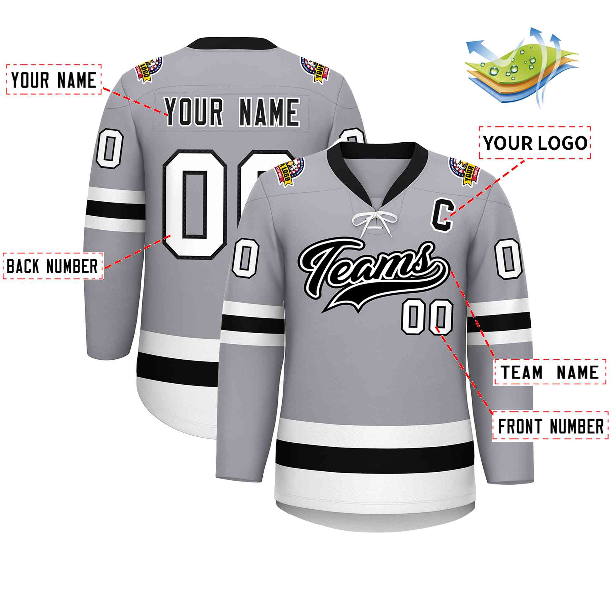 Custom Gray Black-White Lace-Up Neck Hockey Jersey | KXKSHOP