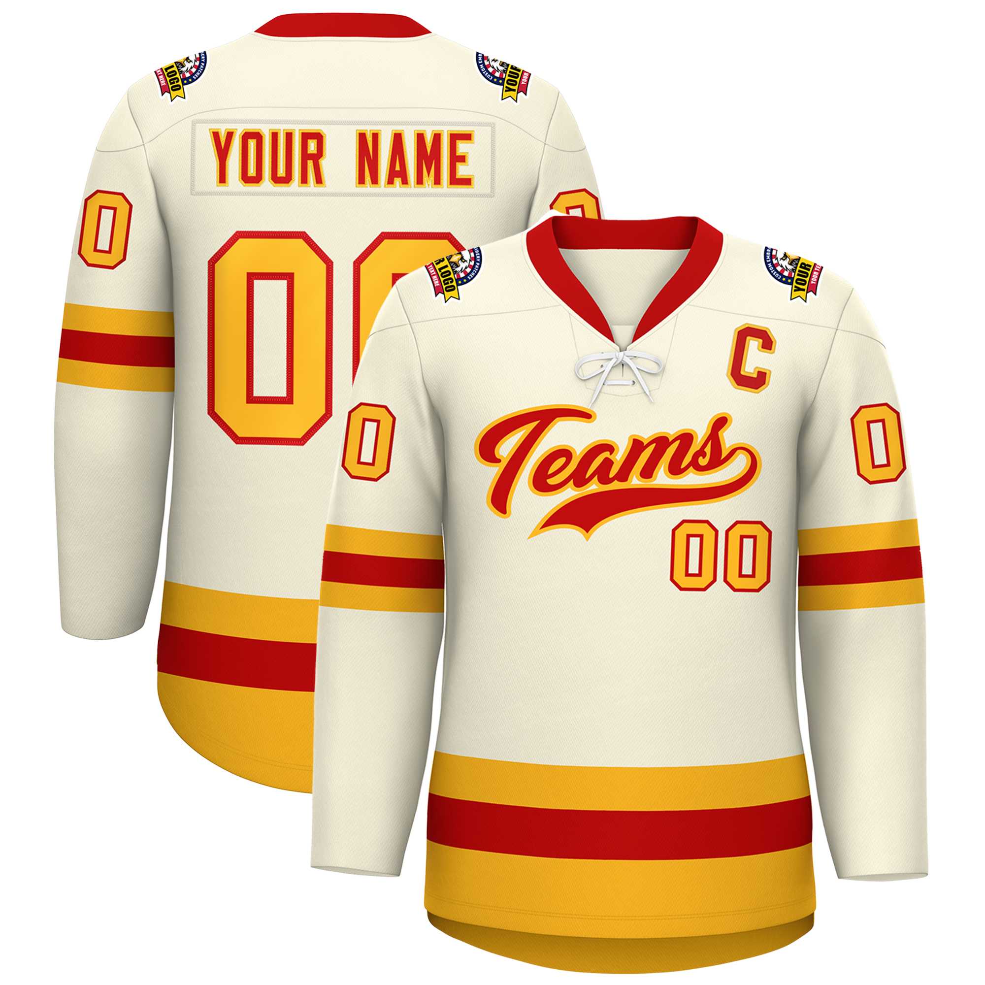 Custom Cream Red-Gold Lace-Up Neck Hockey Jersey | KXKSHOP