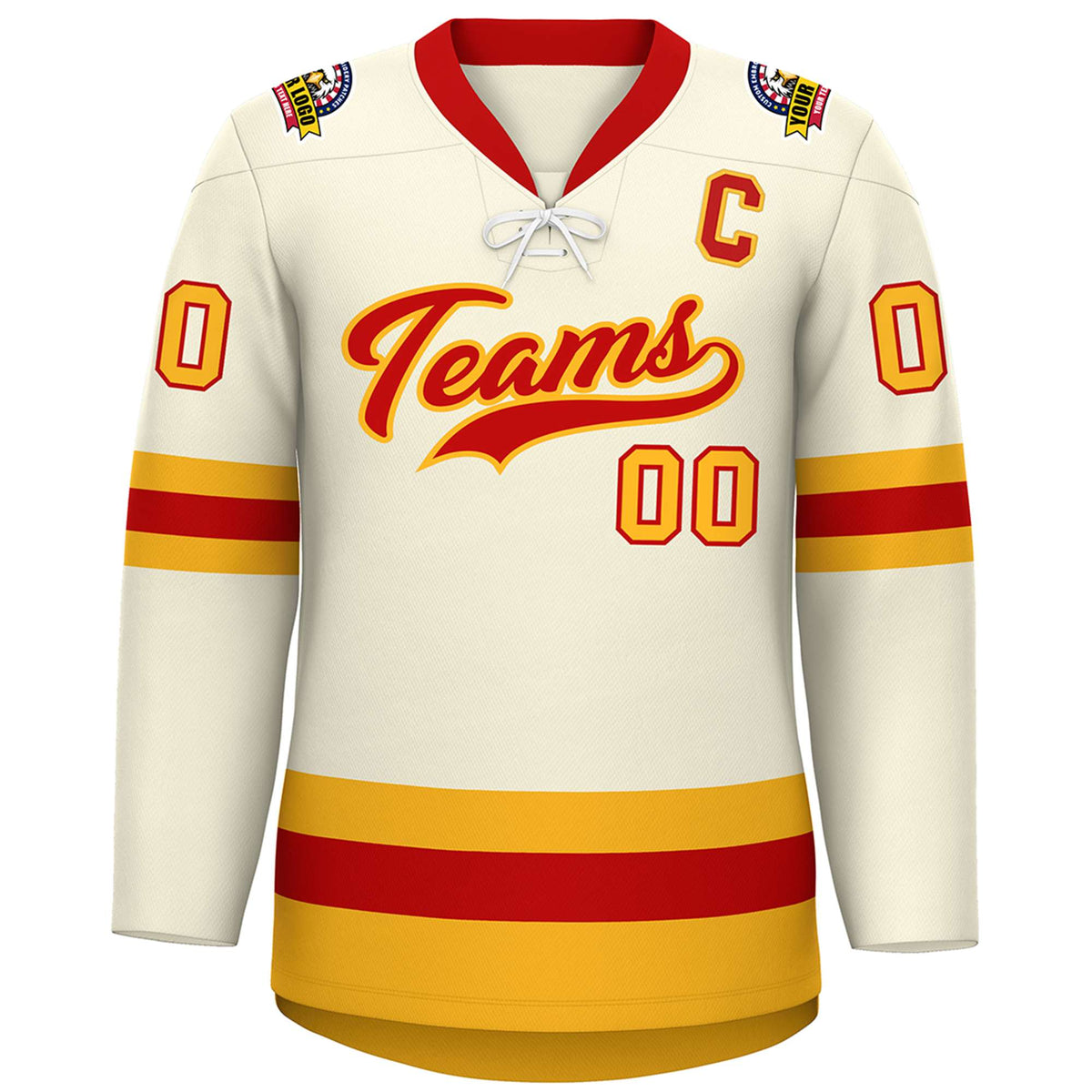 Custom Cream Red-Gold Lace-Up Neck Hockey Jersey | KXKSHOP