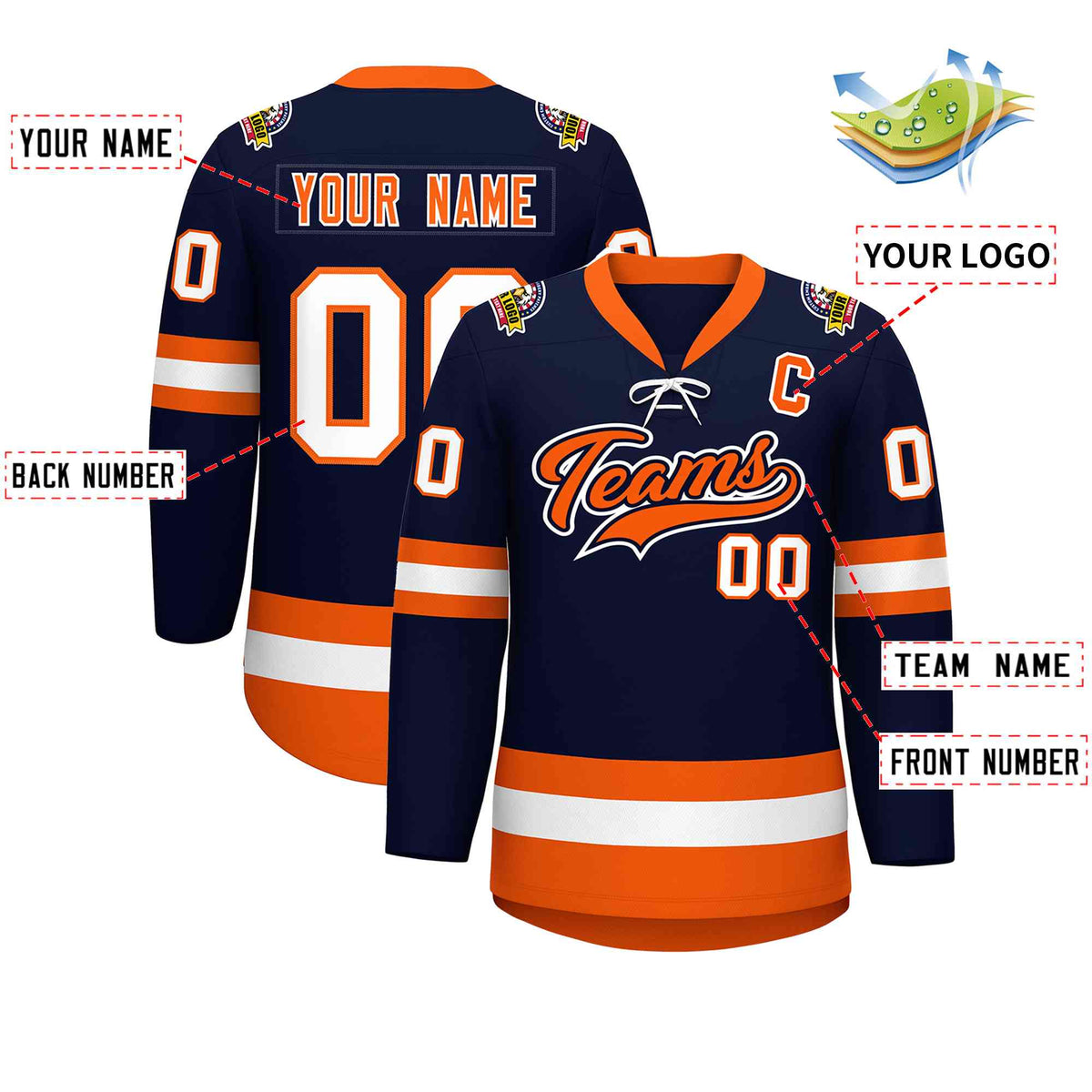 Custom Navy Orange-White Lace-Up Neck Hockey Jersey | KXKSHOP