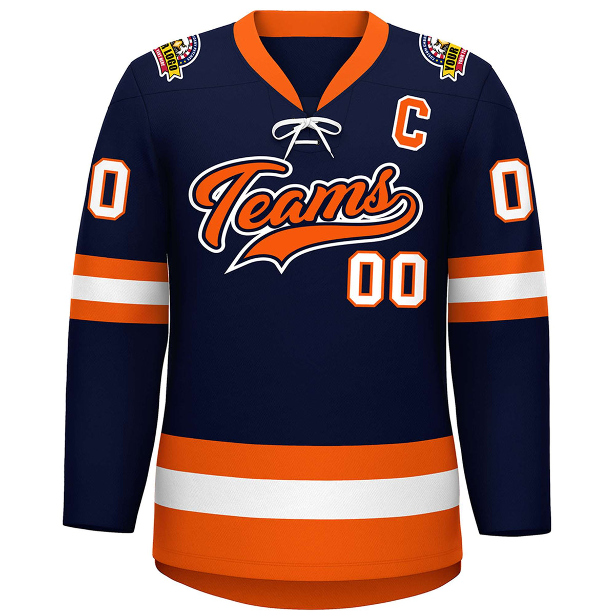 Custom Navy Orange-White Lace-Up Neck Hockey Jersey | KXKSHOP