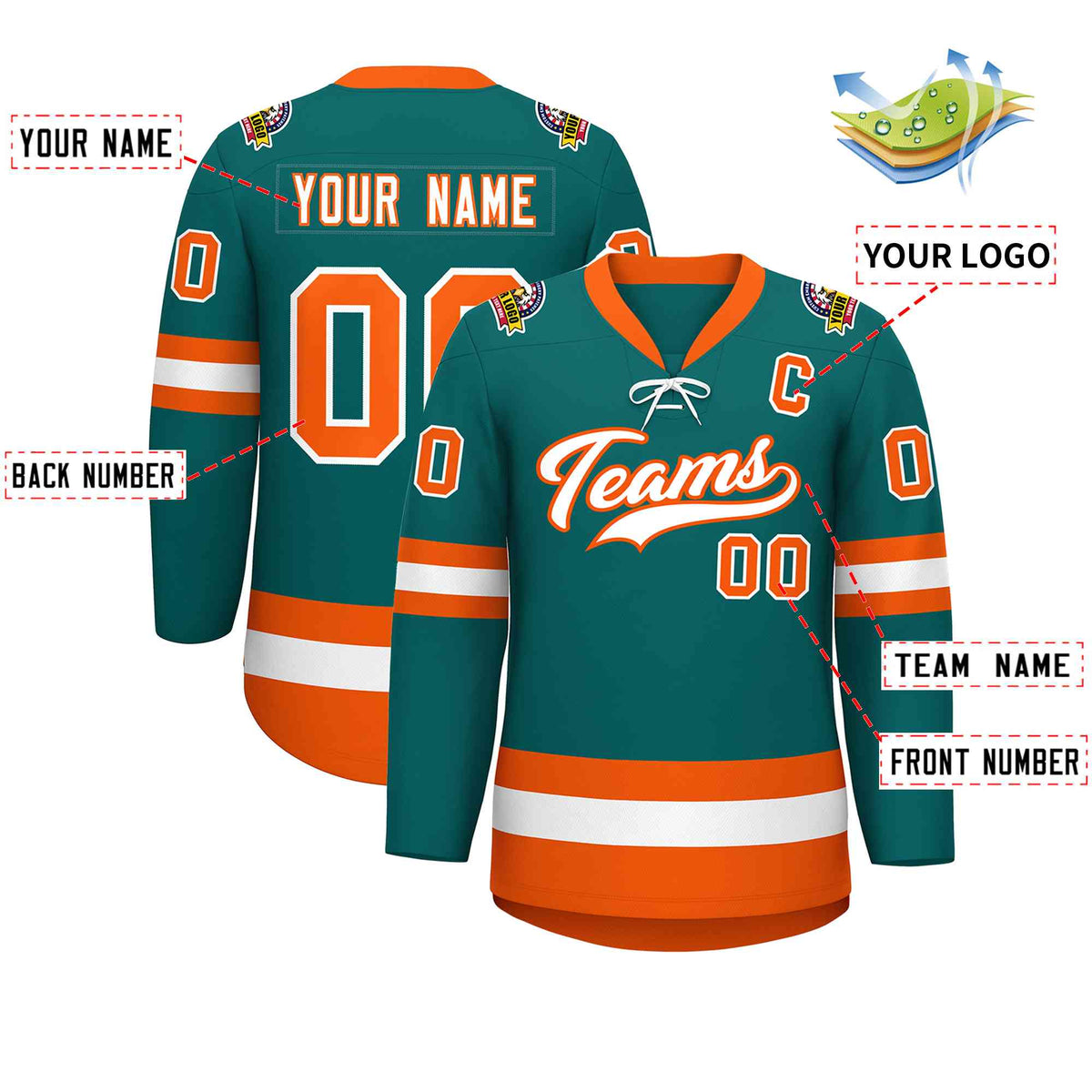 Custom Aqua White-Orange Lace-Up Neck Hockey Jersey | KXKSHOP
