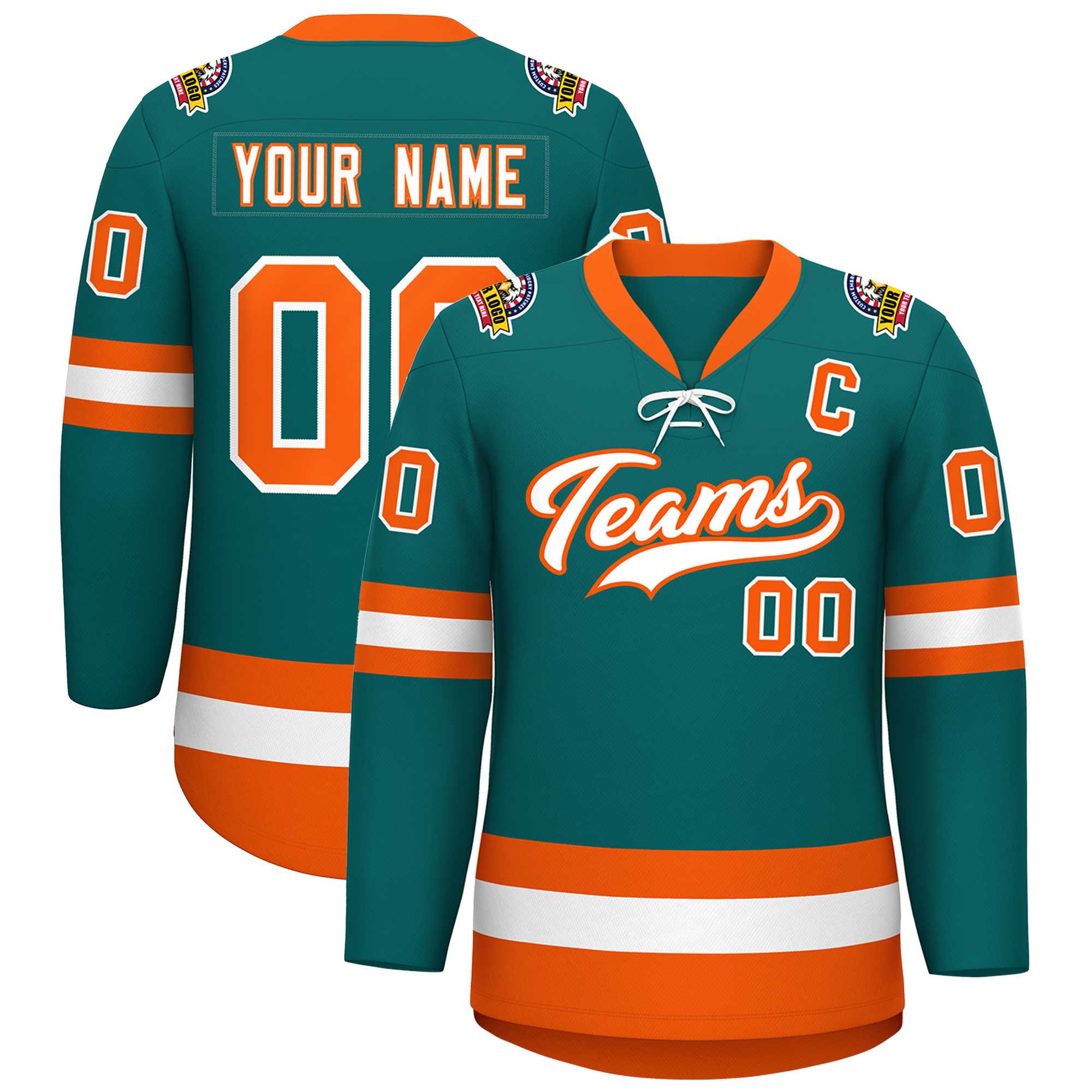 Custom Aqua White-Orange Lace-Up Neck Hockey Jersey | KXKSHOP