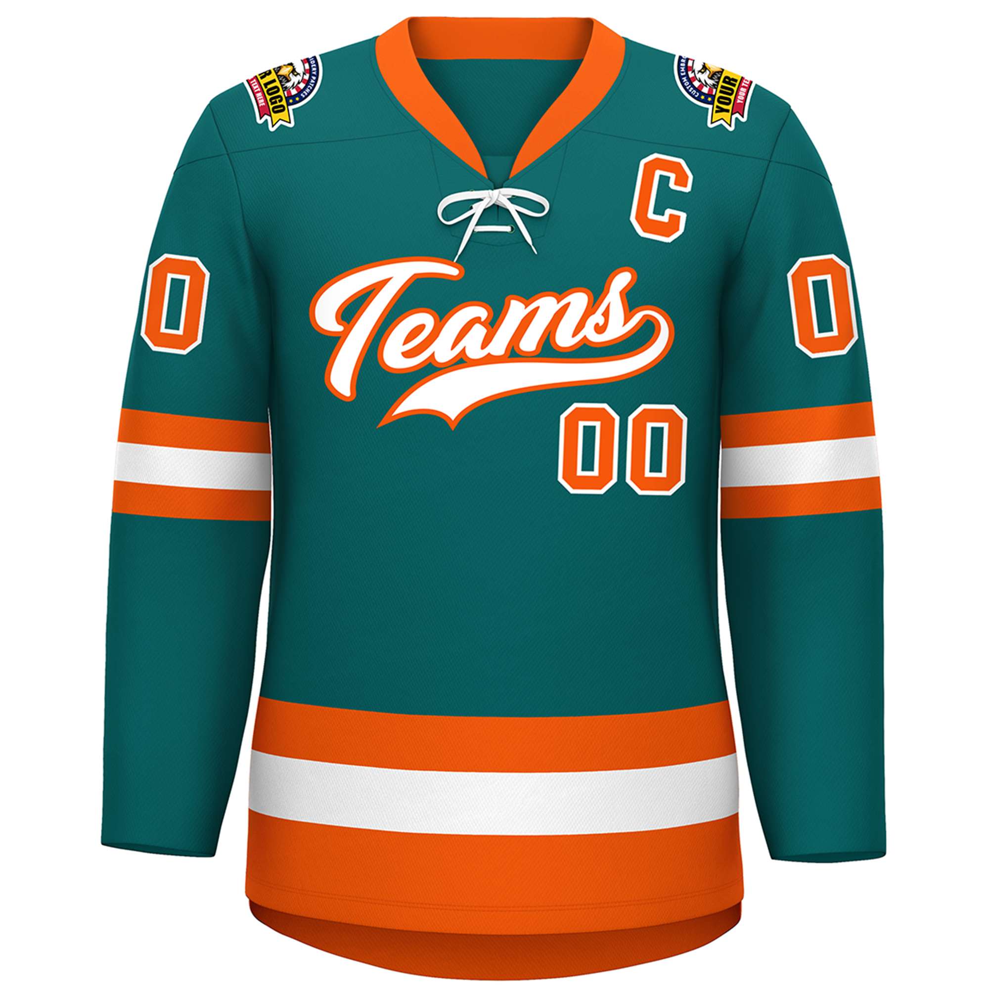 Custom Aqua White-Orange Lace-Up Neck Hockey Jersey | KXKSHOP